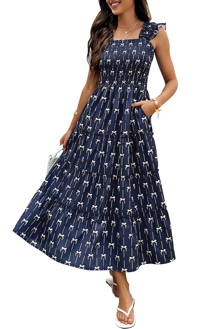 thumbnail video image 2 of NAYAOTO Women's Summer Maxi Dresses - 2026 Sleeveless Square Neck Ruffle Strap Smocked Flowy A Line Beach Vacation Sun Dress, 2 of 10