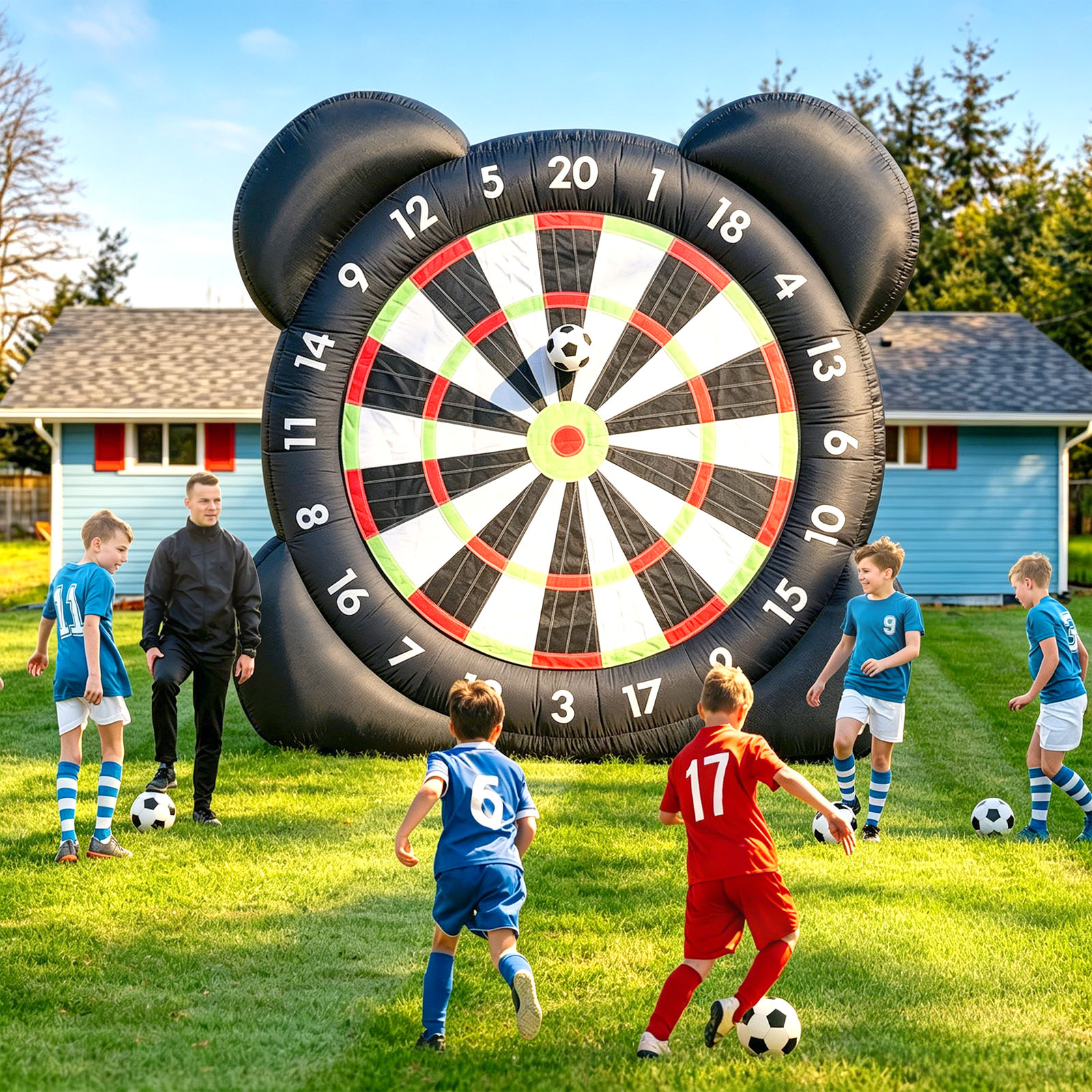 thumbnail video image 2 of Tryset 10ft Inflatable Soccer Darts Game Built-in 220W Blower with 8 Balls Giant Outdoor Soccer Target Board for Kids & Adults, Backyard Party Games 10x5x10ft, 2 of 9