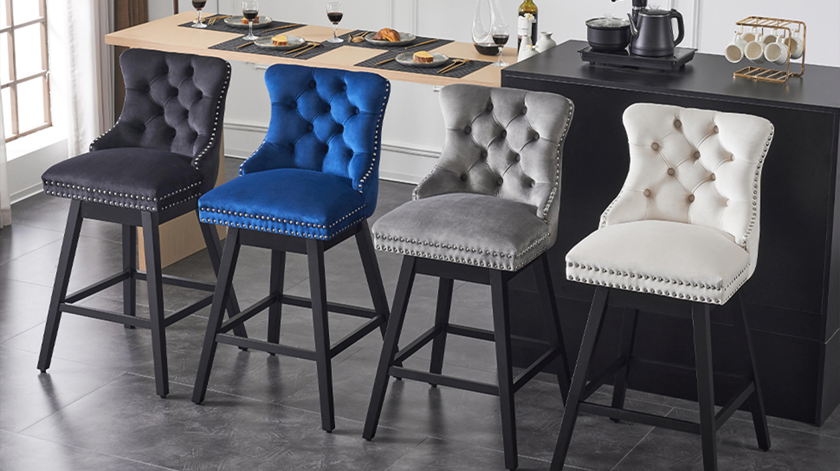 thumbnail video image 2 of TEWLOSS 26" Swivel Counter Height Bar Stools with Back Set of 2, Blue Velvet Kitchen Stools, 2 of 10