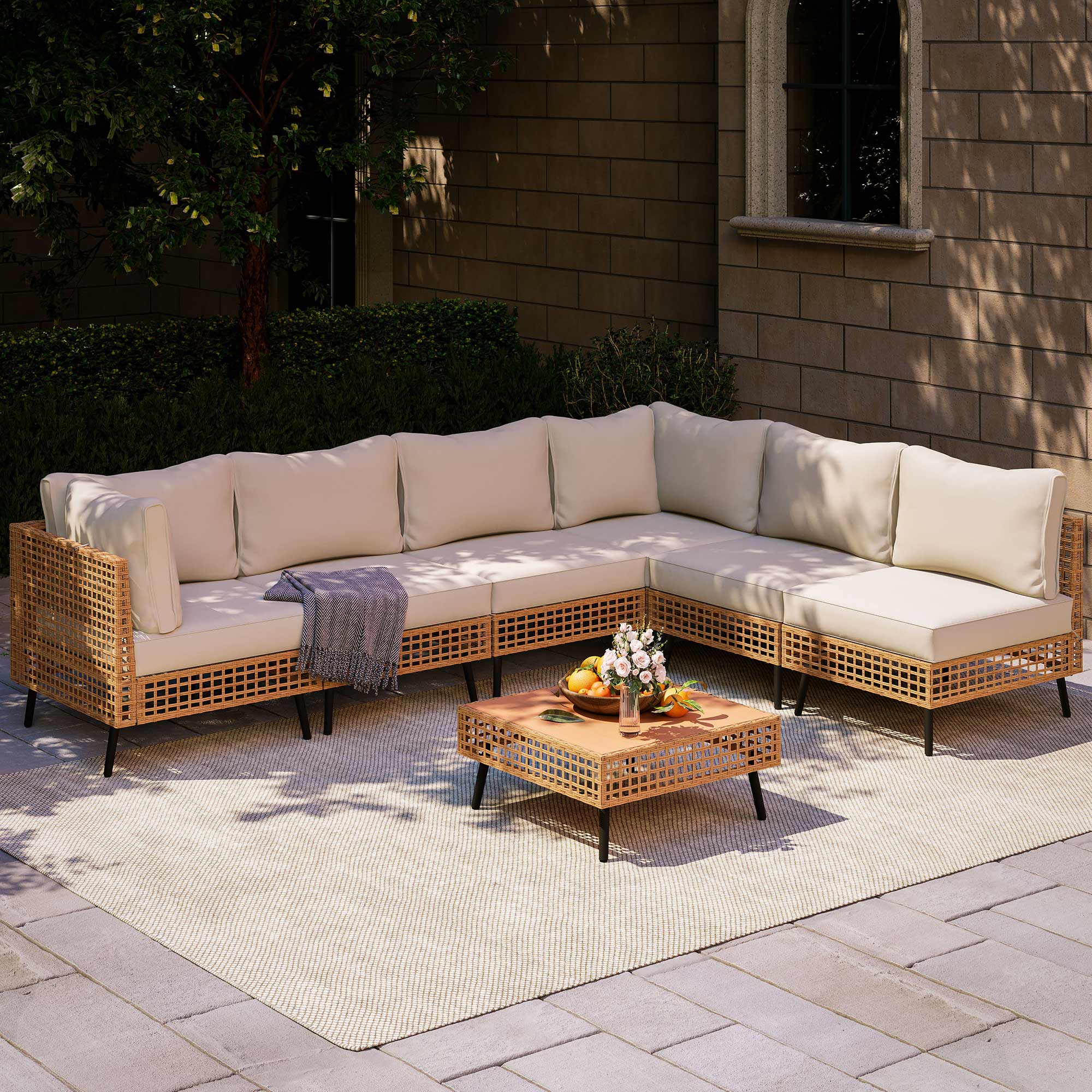 thumbnail video image 2 of LAUSAINT HOME 7-Piece Outdoor Wicker Patio Furniture Conversation Set, Sectional Sofa with Cushions, Beige, 2 of 11