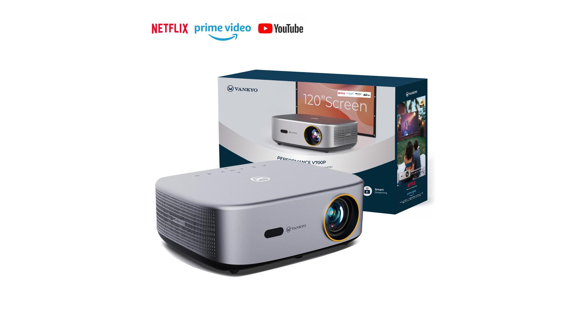 thumbnail video image 3 of VANKYO Performance V700 Pro Native 1080P Outdoor Movie Projector, Built-in Google TV, Auto Keystone, Auto Focus, Bluetooth, Portable Projector, 120" Projector Screen Included, 3 of 16