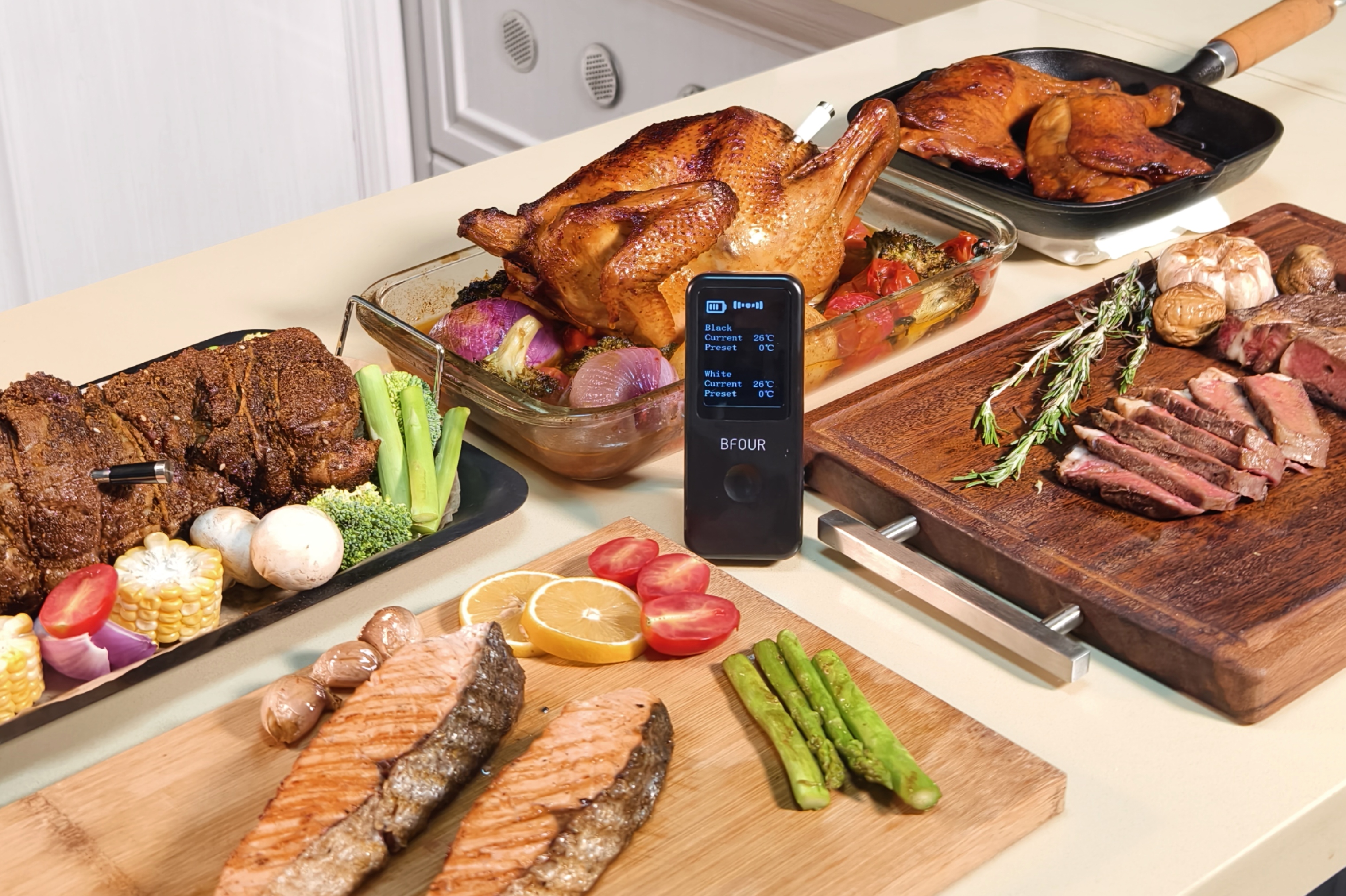 thumbnail video image 2 of 2 Probe Wireless Meat Thermometer Bluetooth, App Controlled, IP67 Waterproof, Wireless Cooking Thermometer for Grill, Oven, Rotisserie, 2 of 8