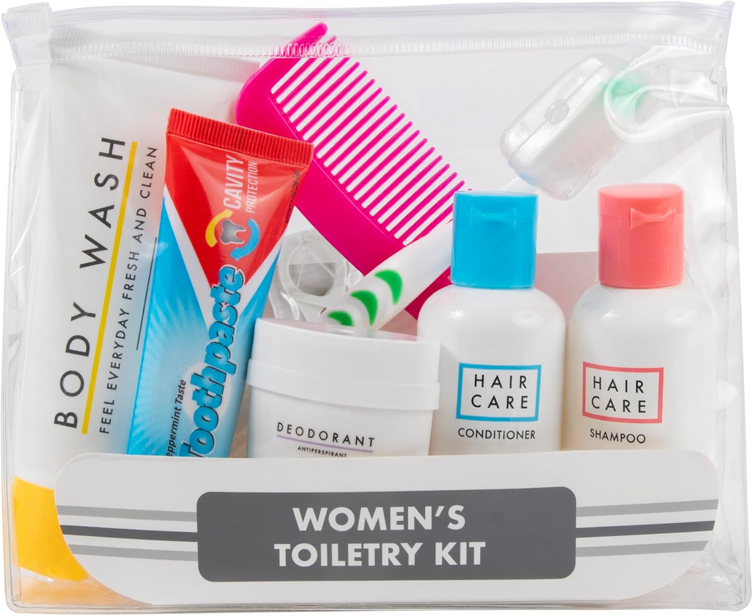 thumbnail video image 2 of 25 Pack Trail maker 15 Piece Travel Size Women’s Hygiene Toiletry Kits Containing Shampoo, Conditioner, Body Wash & More for Homeless Charity Donation, 2 of 8