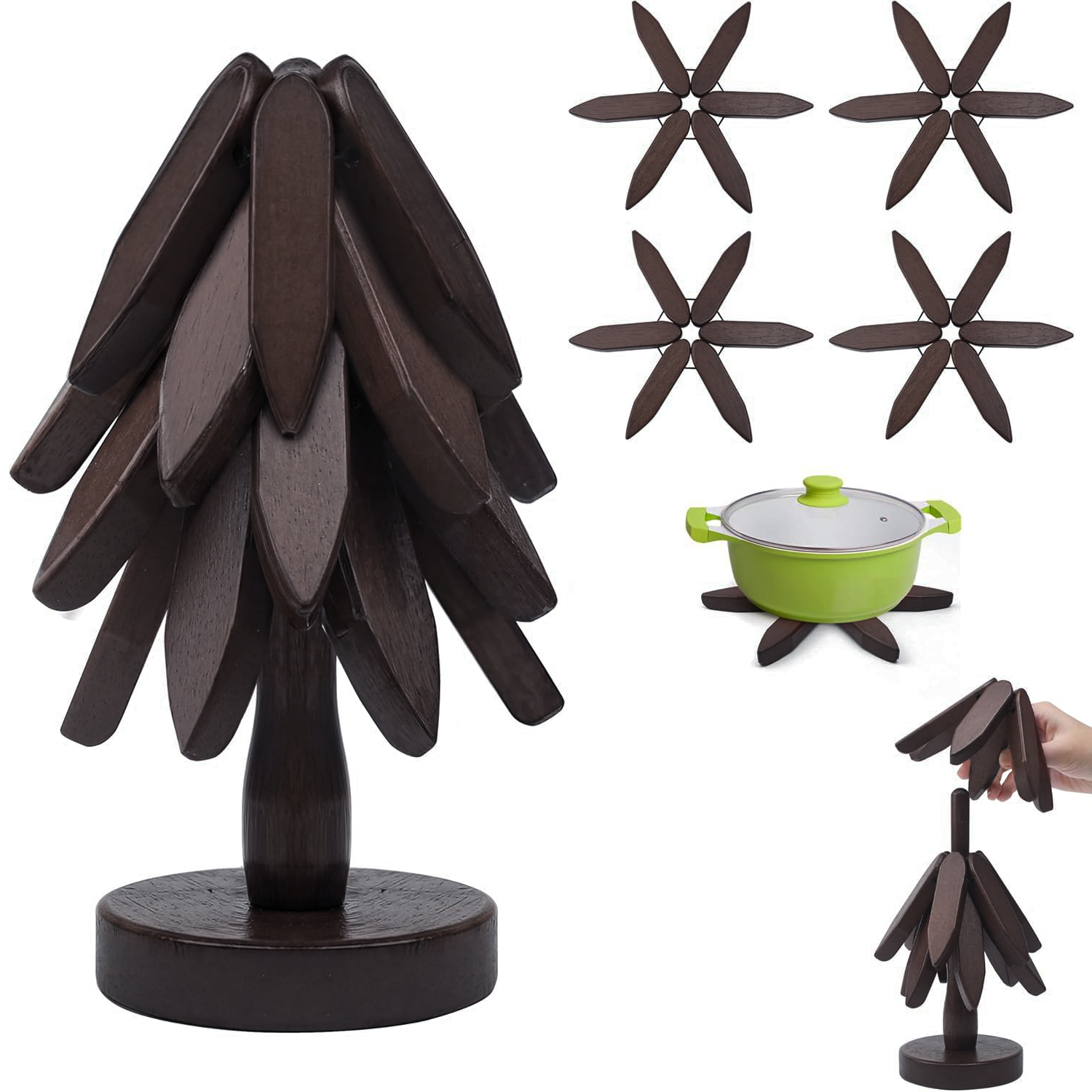 thumbnail video image 2 of Wooden Trivets for Hot Dishes-Tree Shape Trivet Set, 4 Walnut Wood + 1 Stand stored Like a Christmas Tree,Foldable Kitchen Wooden Trivet,for Hot Dishes Pot Bowl Teapot Hot Pot Holder, 2 of 9
