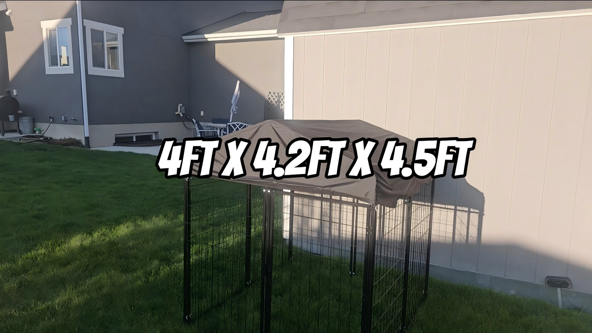 thumbnail video image 2 of Suchown Outdoor Dog Kennel, Heavy Duty Dog Crate & Playpen, 4' x 4.2' x 4.45', with Waterproof Roof, Secure Lock and Ground Stakes for Large Dogs, 2 of 8