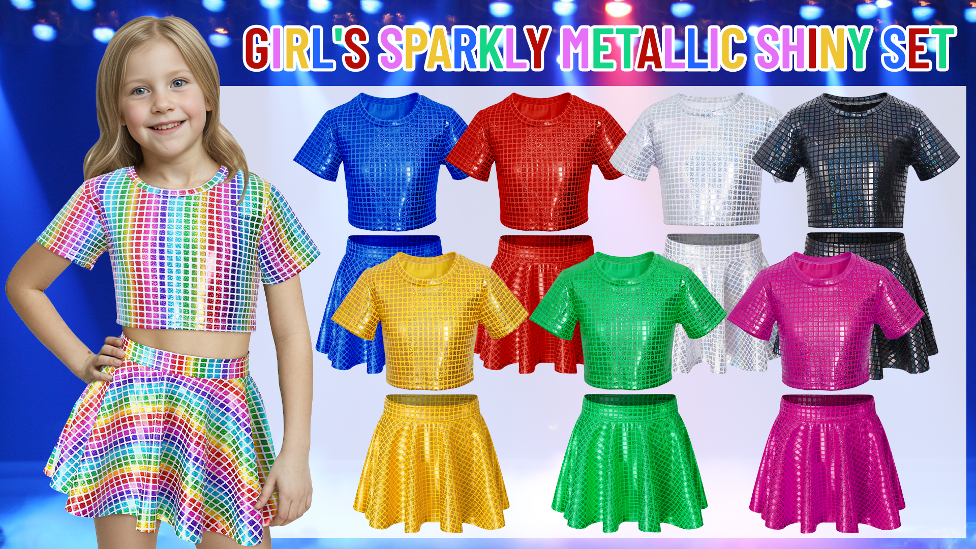 thumbnail video image 2 of Happy Cherry Girl Shiny Skirt Top Set Kid Dance Performance Outfits Metallic Sequin Clothes Sparkly Disco Short Sleeve Crop Top with Skirt 2 Pcs 5-6 Years, 2 of 7
