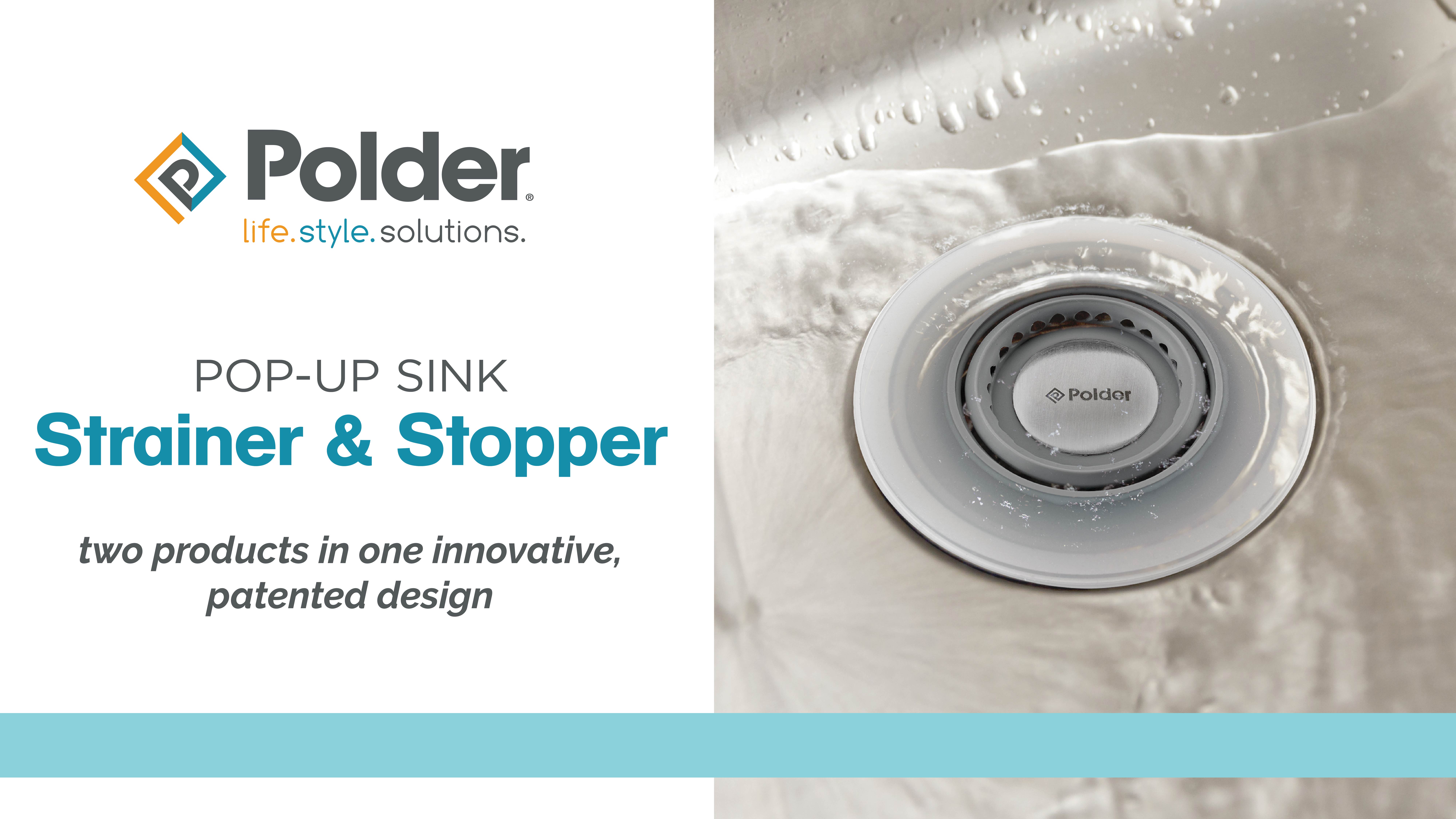thumbnail video image 2 of Polder Pop-Up Sink Strainer and Stopper, Silicone Stopper, Kitchen Sink Stopper & Strainer, Kitchen Accessories, Dishwasher-Safe, 4.5" Diameter, Gray, 2 of 9
