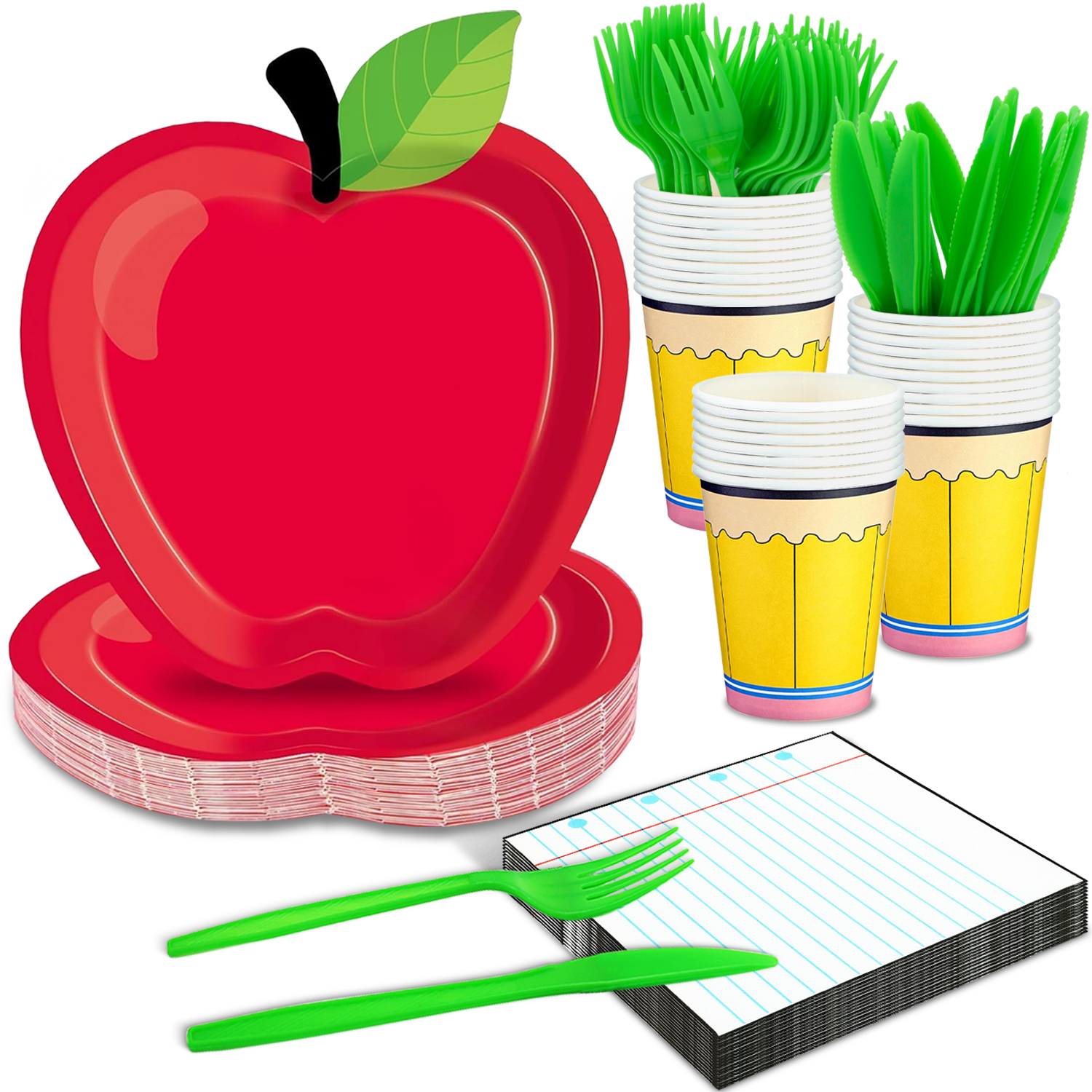 thumbnail video image 2 of 125Pcs Back to School Decorations Apple Paper Plates Notebook Napkins First Day of School Party Supplies Disposable Dinnerware Set for Preschool Kindergarten Teacher Party (Serves 25 Guests), 2 of 8