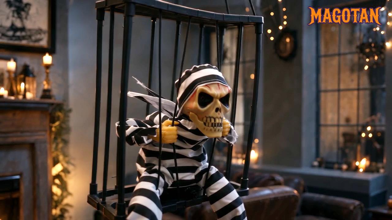 thumbnail video image 2 of Magotan Screaming Animated Halloween Decorations, Outdoor Indoor Hanging Spooky Halloween Decoration, Scary Skull Cage with Motion Sensor, 2 of 7