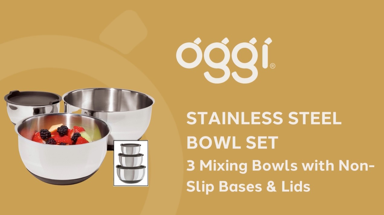 thumbnail video image 2 of Oggi 7287.0 Stainless Steel 3-Piece Bowl Set with Lids, 2 of 8