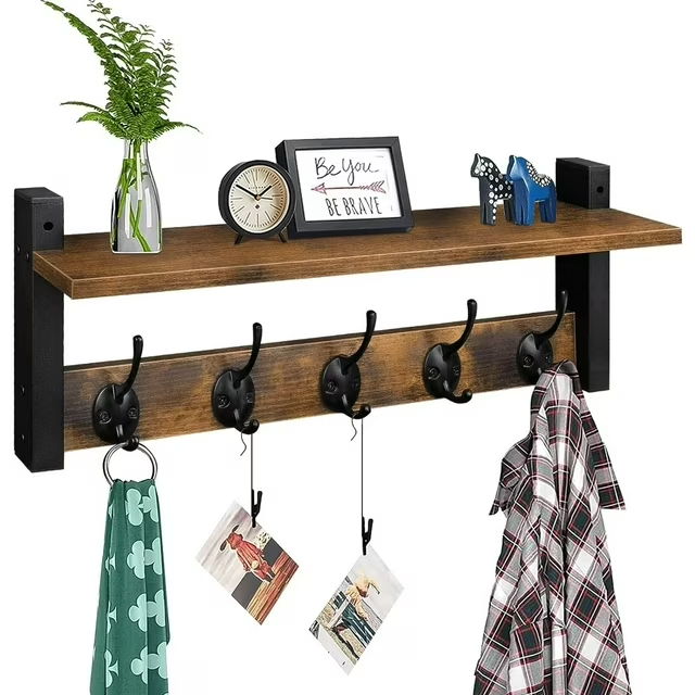 thumbnail video image 2 of Coat Rack Shelf Wall Mounted 17 ", Entryway Coat Hanger with 5 Hooks, Hat Rack for Bedroom, Bathroom, Rustic Brown, 2 of 8