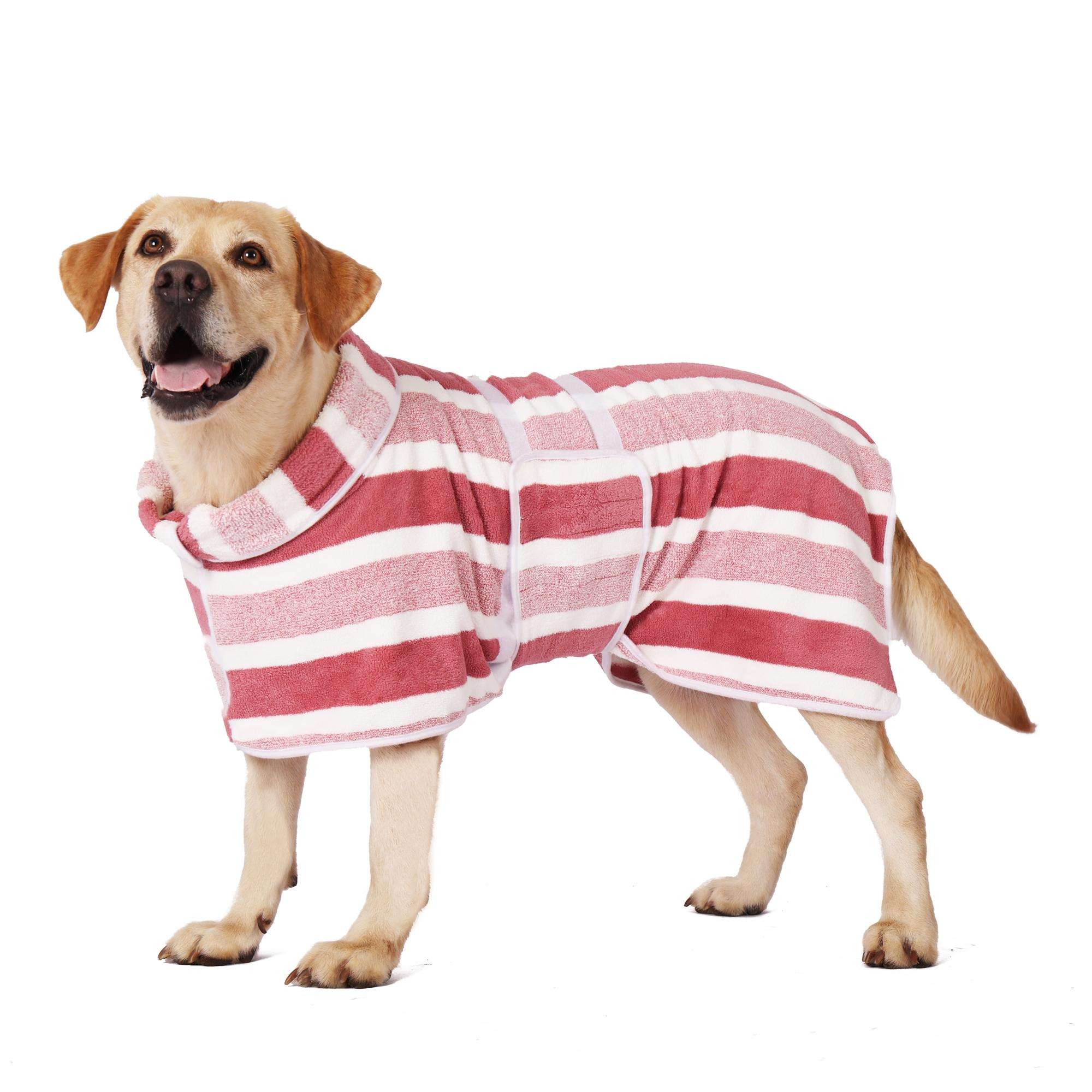 thumbnail video image 2 of Quick Drying Dog Bathrobe, Striped Pet Drying Towel Gown with Adjustable Waist Strap, Super Absorbent Microfiber Robe for Small to Large Dogs, 2 of 18