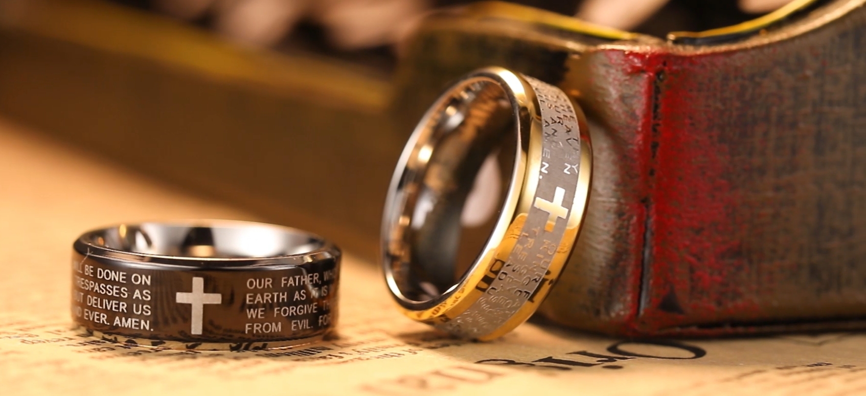 thumbnail video image 2 of King Will 8mm Lord's Prayer Cross Ring Stainless Steel Ring Gold Silver Wedding Band Comfort Fit Size 11, 2 of 8