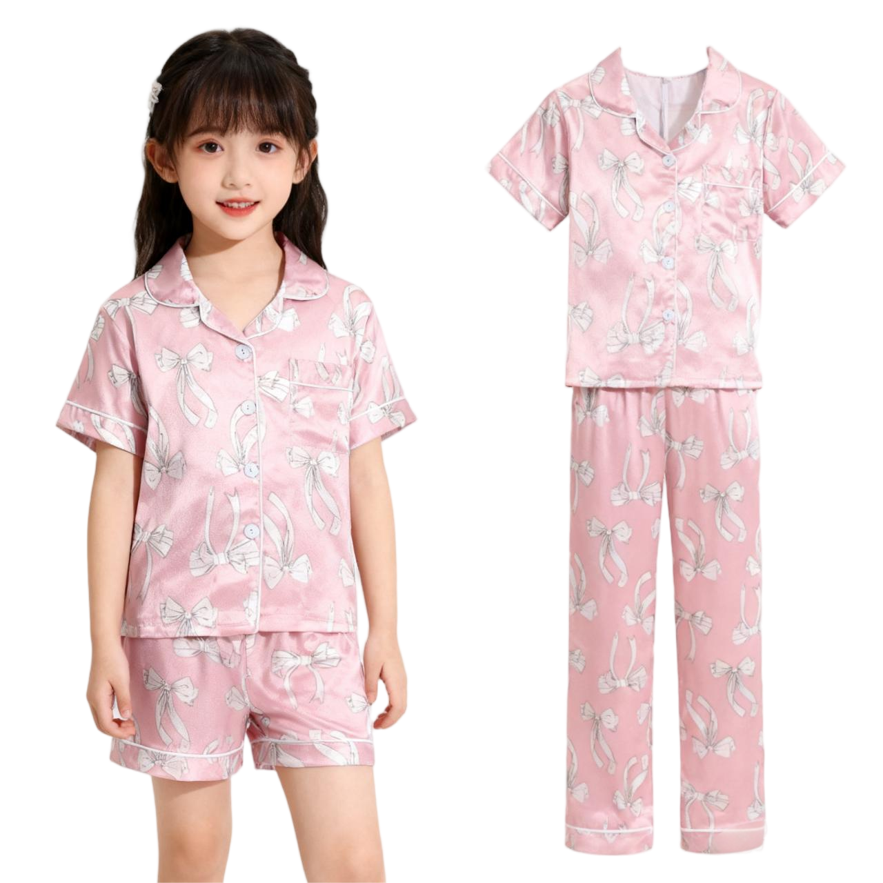 thumbnail video image 2 of Gaexia Kids Silk Pajamas 3 Piece Girls Boys Satin Pajamas Set Button-Down PJs Set Soft Loungewear Short Sleeve Sleepwear, 2 of 6