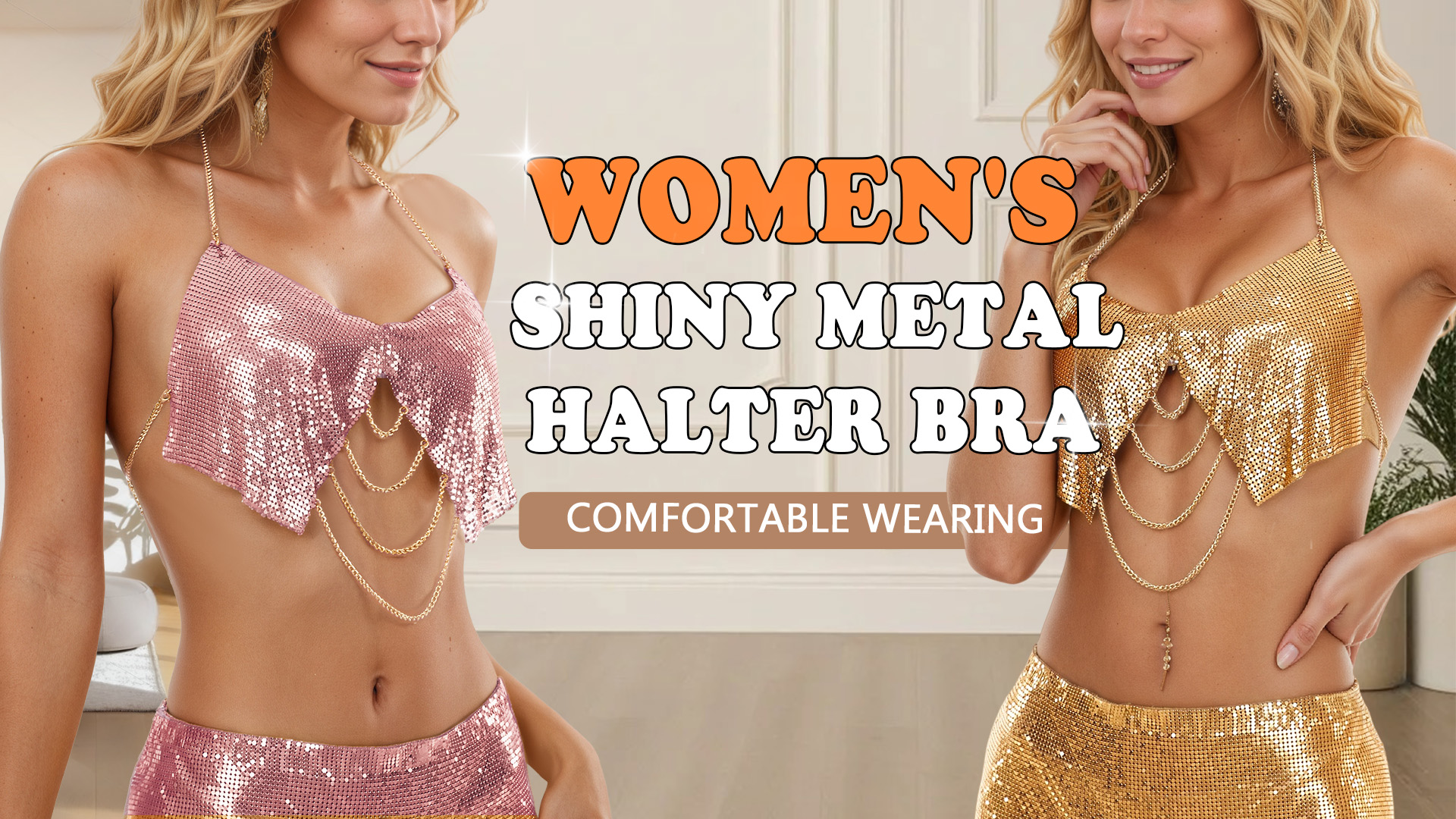 thumbnail video image 2 of Aivtalk Women Metallic Sequin Tank Tops Shiny Backless Glitter Halter Sparkle Body Chain Bra Sleeveless Chainmail Rhinestone Cami Crop for Carnival Festival Rave Disco Gold L for Valentine's Day, 2 of 7