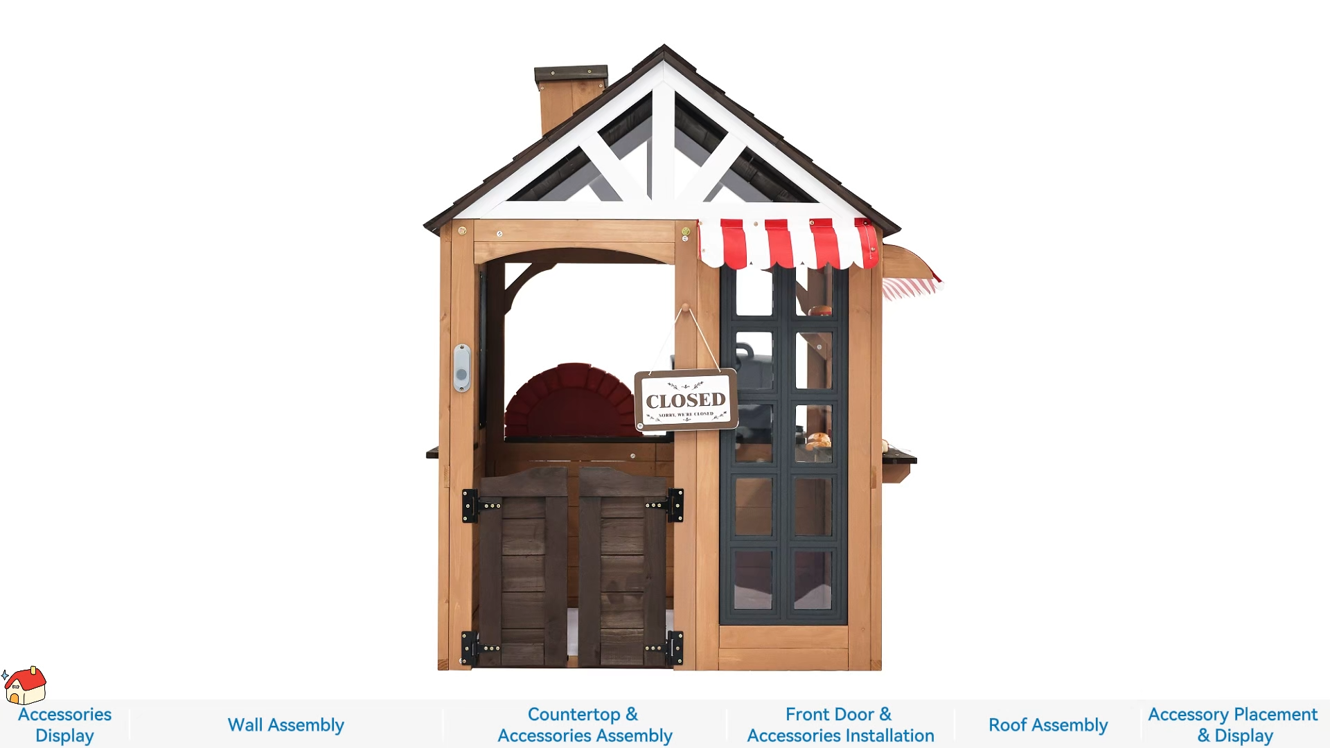 thumbnail video image 2 of Auarte Outdoor Playhouse for Kids Ages 3+, Wooden Play House with BBQ Grill, Pizza Oven, Pretend Food, Cash Register, Doorbell, Toy Phone, Blackboards, 2 of 11