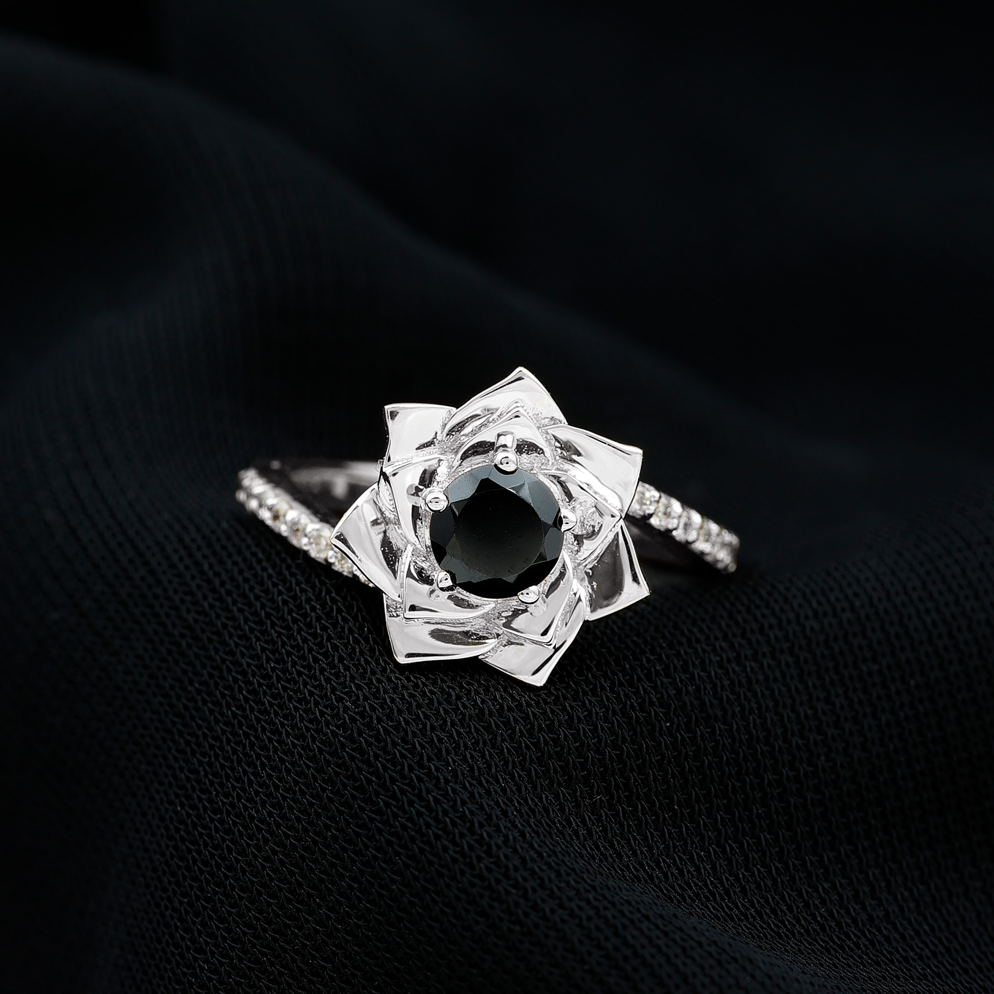 thumbnail video image 2 of Rosec Jewels 3/4 CT Black Onyx Engagement Ring with Diamond, Black Onyx Bypass Ring, Black Onyx Flower Engagement Ring, 14K White Gold, US 11.50, 2 of 7