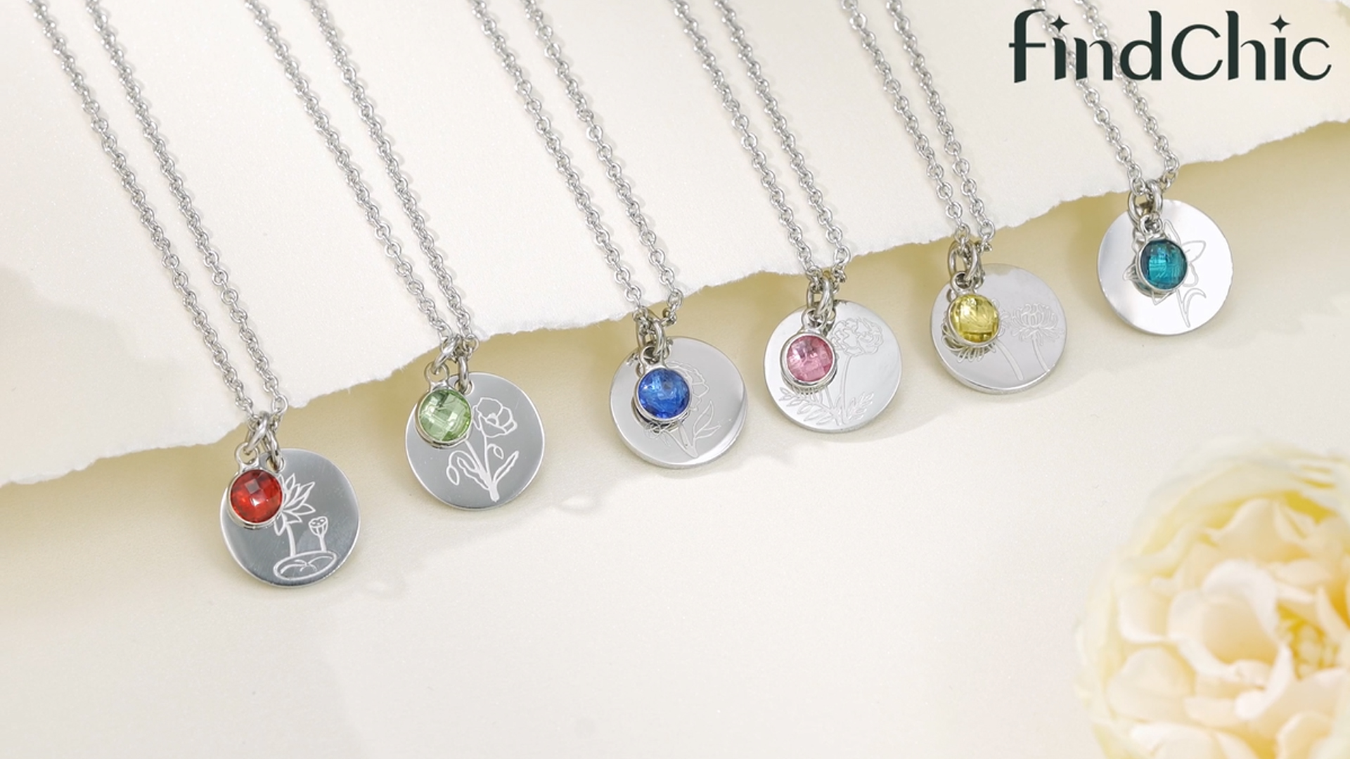 thumbnail video image 2 of FindChic Birth Flower Necklaces for Women with Birthstone Gold Plated Stainless Steel Jan. to Dec. Guardian Month Floral Carnation Pendant Necklace Jewelry Gift for Her Birthday Christmas (Box), 2 of 8