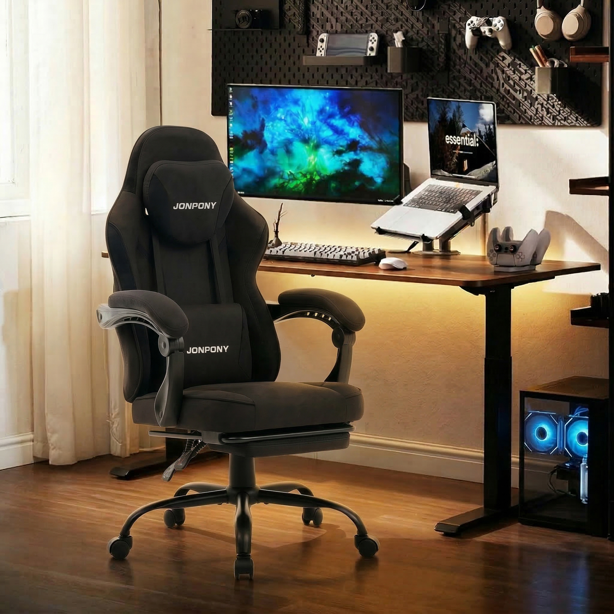 thumbnail video image 2 of JONPONY Big and Tall 400LBS Gaming Chair with Foot Rest,Breathable Fabric for Home Office Desk, Ergonomic High Back Computer Chair with Headrest & Lumbar Support, Black, 2 of 9