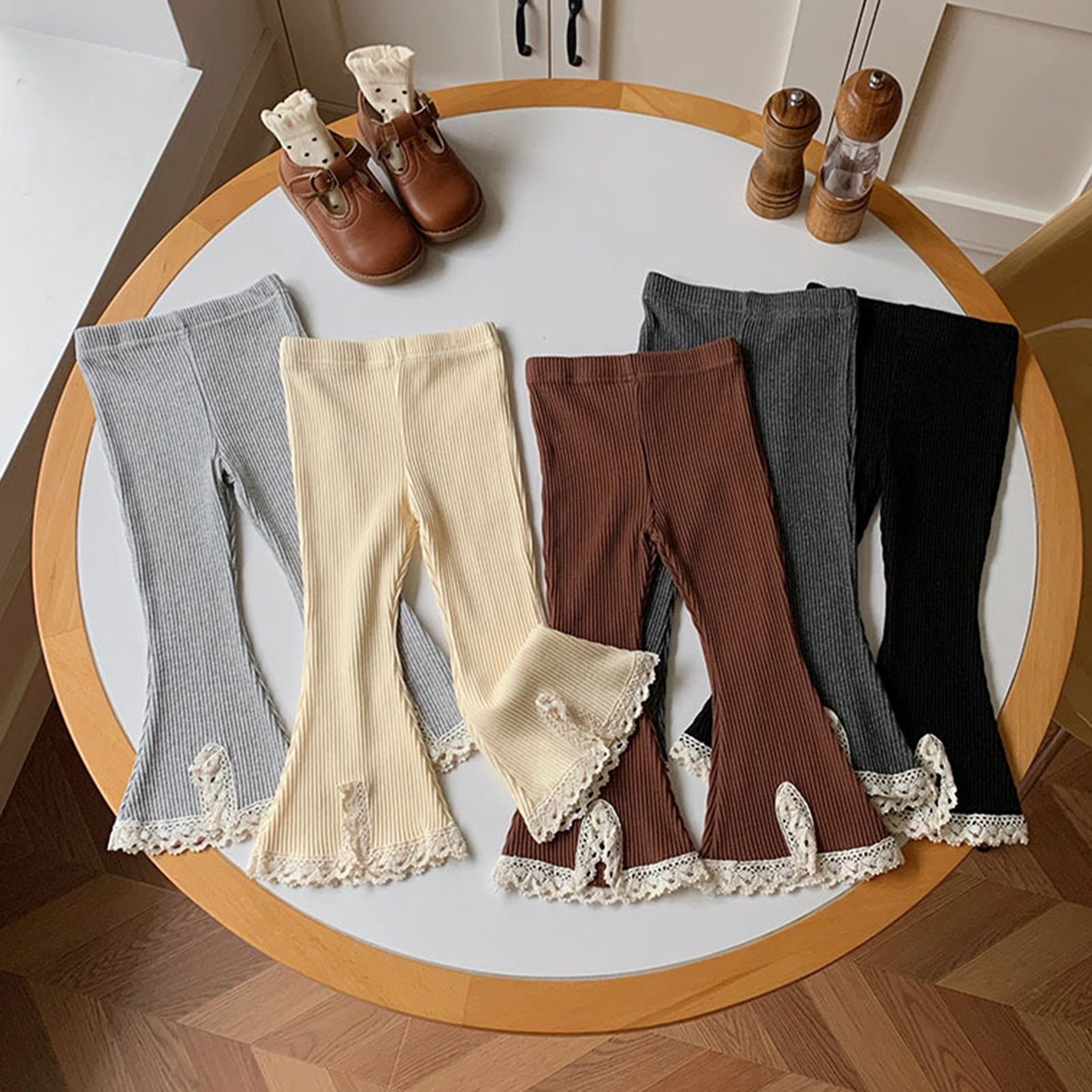 thumbnail video image 2 of Umfun Girls Pants Girls Ribbed Flare Pants Lace Trim Bell Bottom Elastic Waist Casual Stretch Trousers Soft Comfortable Pants for School and Daily Wear Activities, 2 of 9
