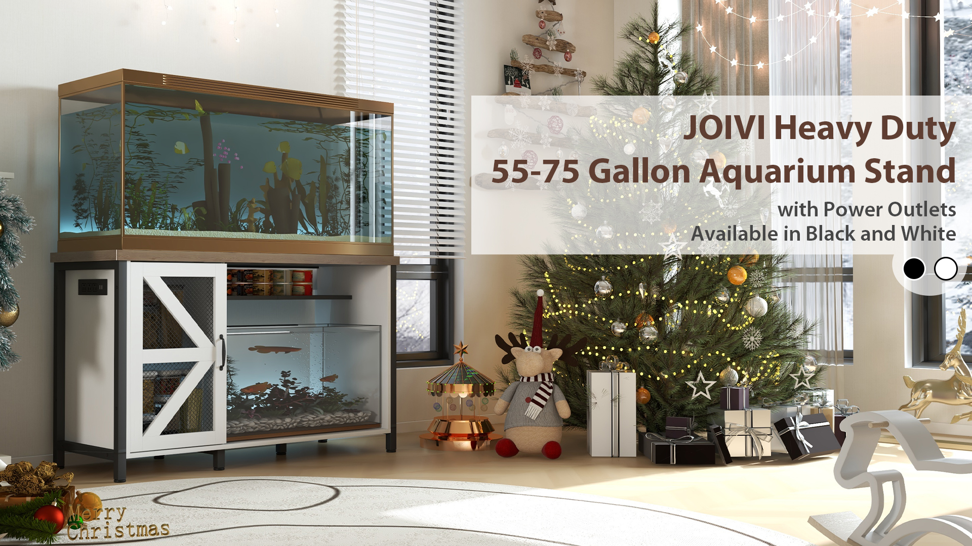thumbnail video image 2 of JOIVI 55-75 Gallon Aquarium Stand with Power Outlets & LED Light, Heavy Duty Metal Fish Tank Stand with Storage Cabinet, 1100lbs Capacity, White, 2 of 9