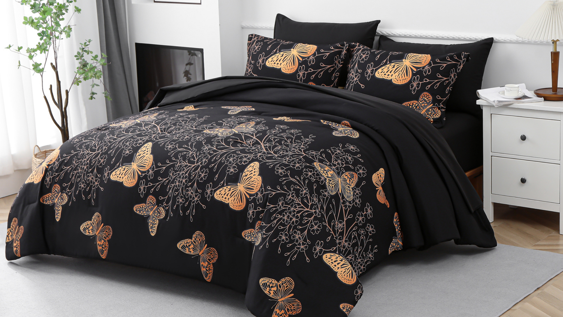 thumbnail video image 2 of Davulos Bed in a Bag King Size,Gold Butterfly Leaves Printed Bedding Set with Comforter ,Flat Sheet ,Fitted Sheet ,Pillowcases & Shams, 2 of 9