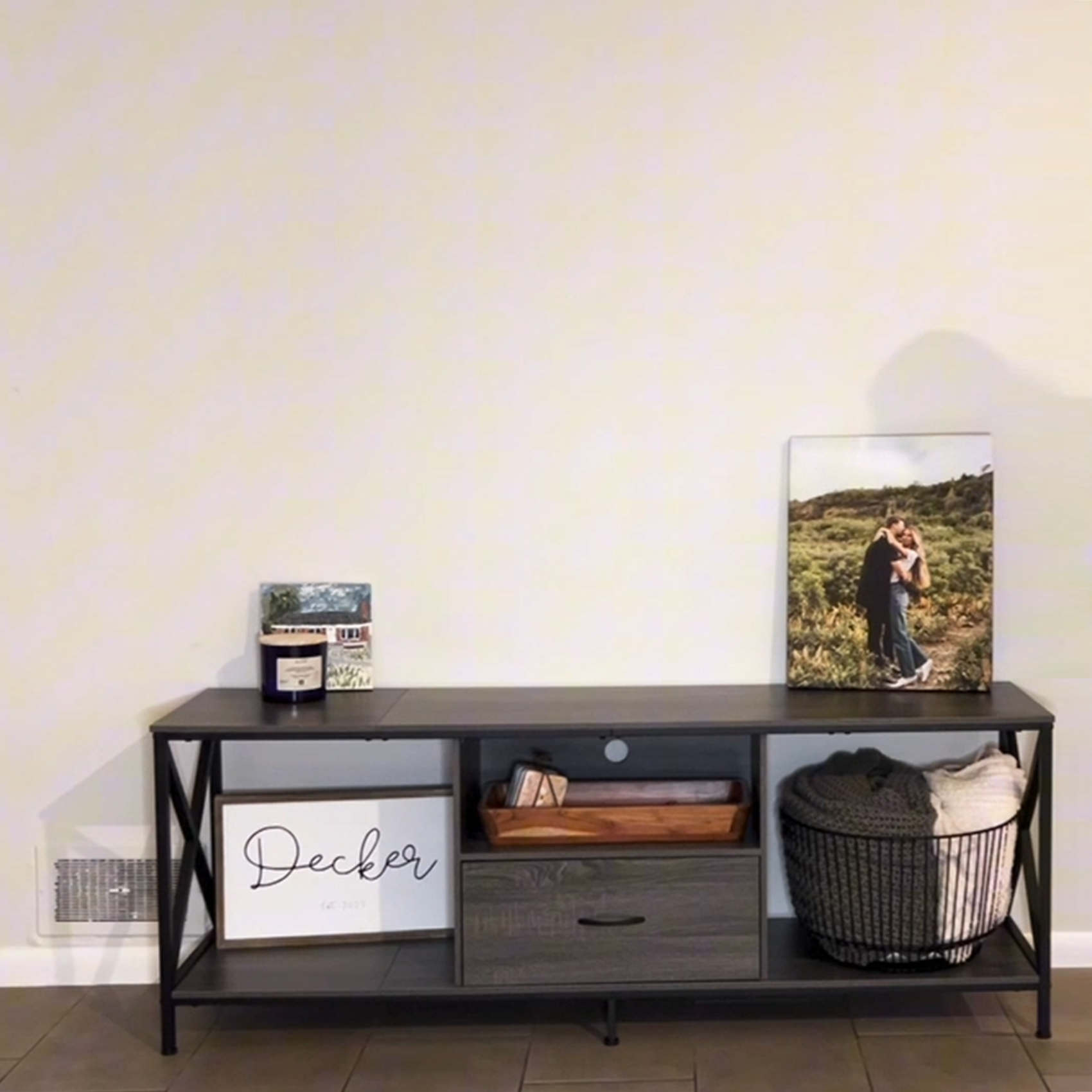 thumbnail video image 2 of JOZ 65 inch TV Stand for 50- 75 inch TVs, Mid Century Entertainment Centre, Media Console Table with Storage Drawers for Living Room, Office, Rock Gray, 2 of 8