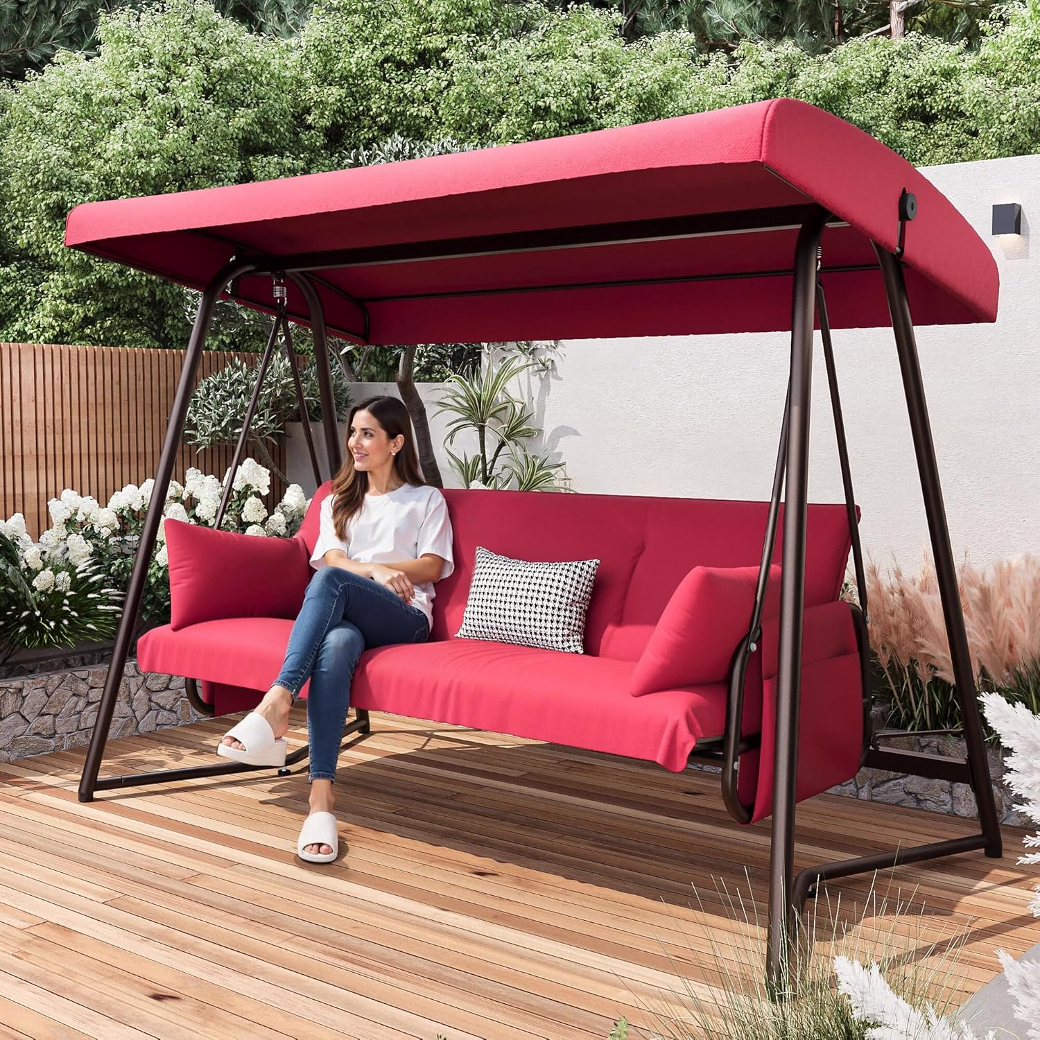 thumbnail video image 2 of CHINNLUU Oversized 4 Person Porch Swing with Stand 800 LBS Capacity Adjustable Canopy Backrest Includes Cushions Pillows Patio 2 in 1 Swing Bed for Backyard Garden Poolside, Burgundy, 2 of 11