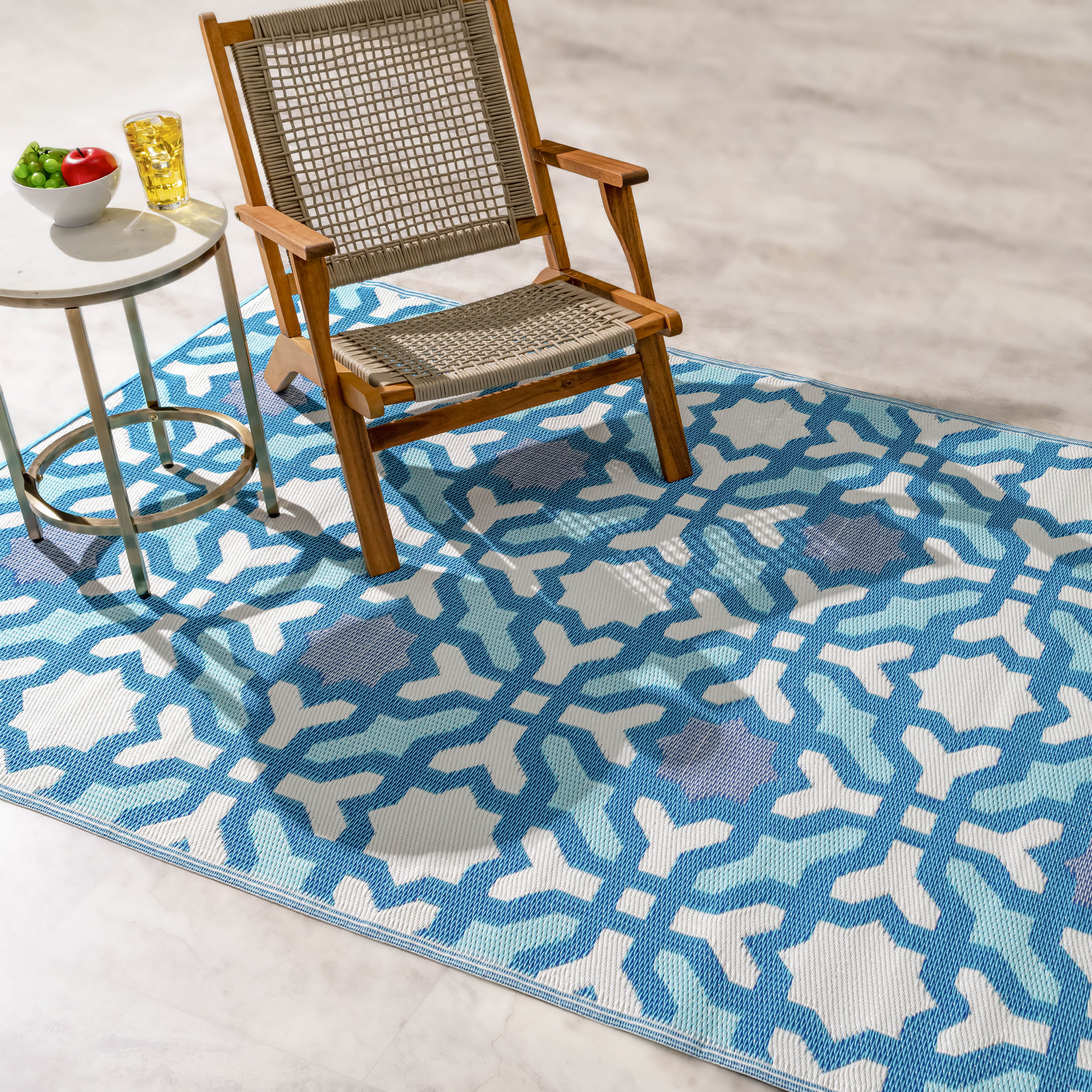 thumbnail video image 2 of Fab Habitat Outdoor Rug - Waterproof, Fade Resistant, Reversible - Premium Recycled Plastic - Spanish Tile Farmhouse - Patio, Porch, Deck, Balcony - Seville - Multicolor Blue - 5 x 8 ft, 2 of 10