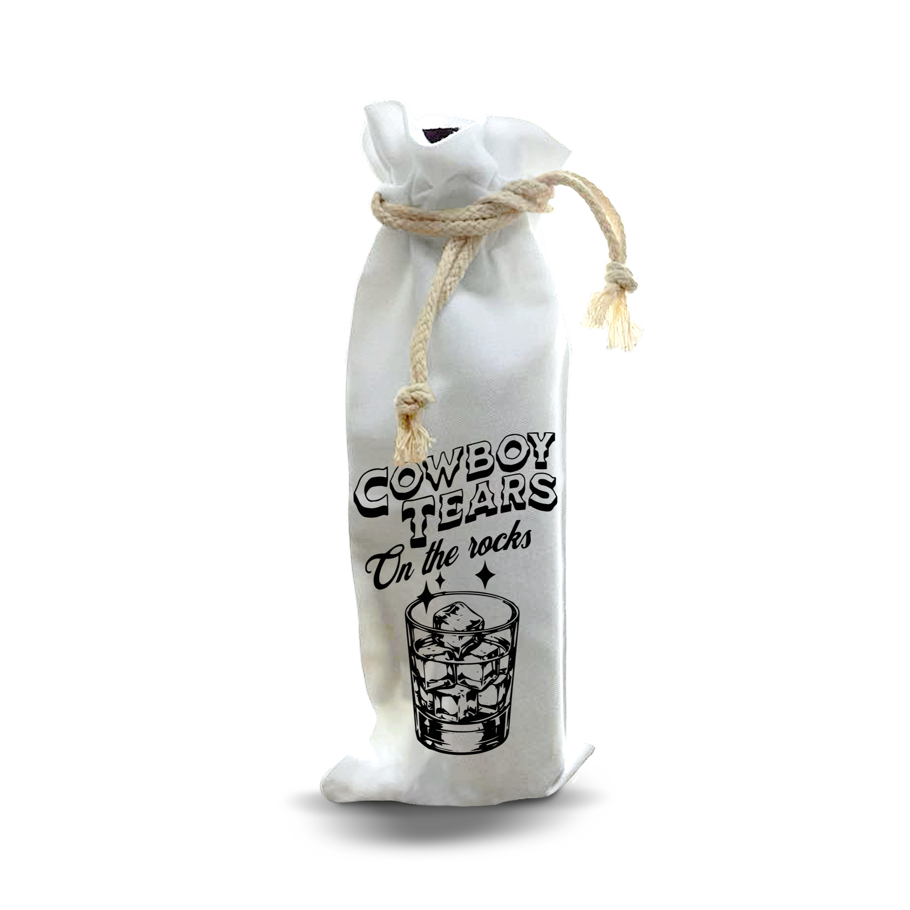 thumbnail video image 2 of Jolitee Bottle Gift Bag – Reusable Drawstring Canvas Bag with “Cowboy Tears On the Rocks” Whiskey Glass Print – Funny Host Gift for Holiday Party or Spirits Lover, 2 of 6