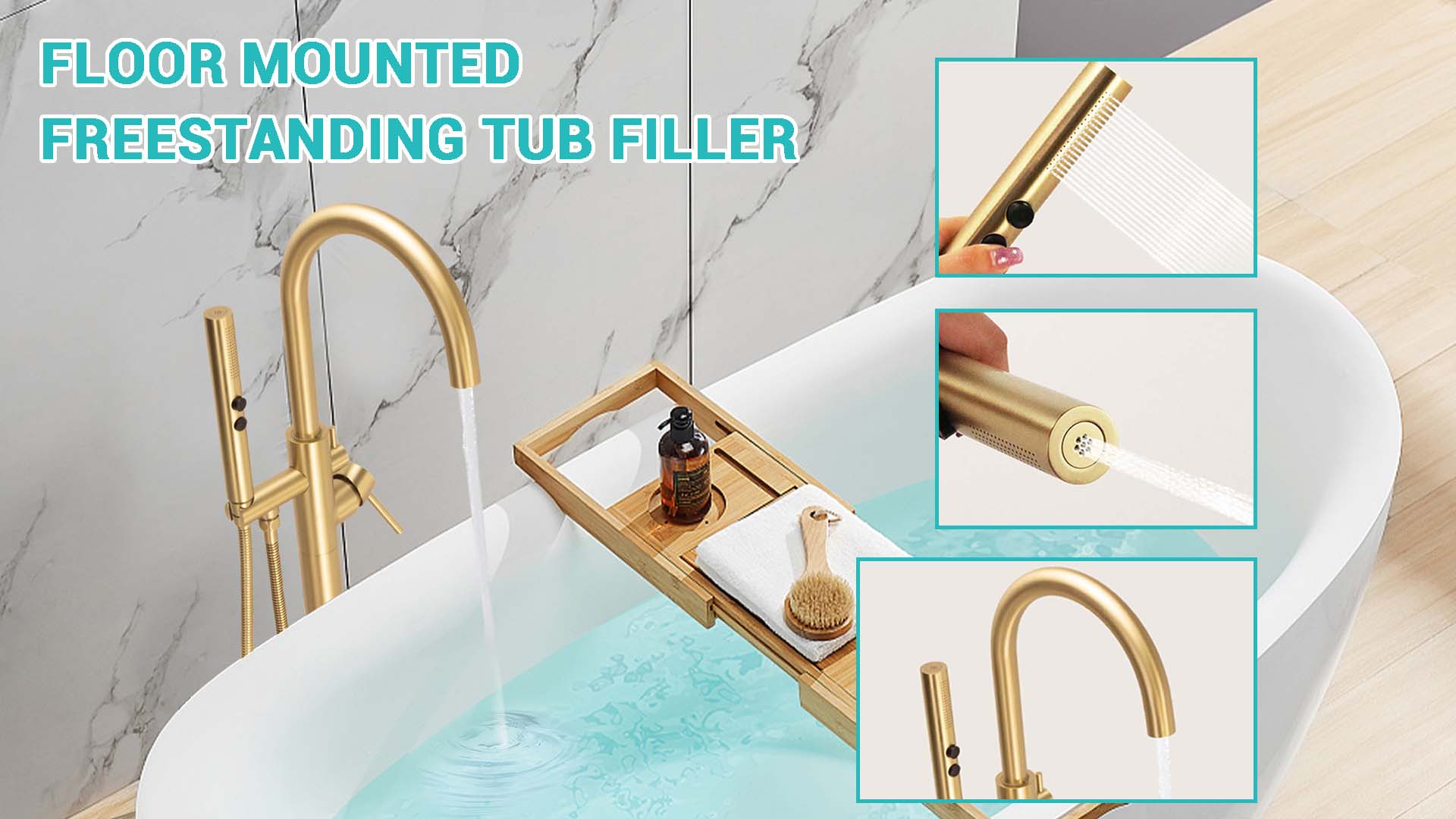 thumbnail video image 2 of SUNRINX Brushed Brass Free Freestanding Tub Faucets, 2 Handle Freestanding Tub Faucets With Brass Two-Function Handshowe, Max 6 GPM Floor Mount Tub Filler Bathtub Faucet With 360° Swivel Spout, 2 of 15