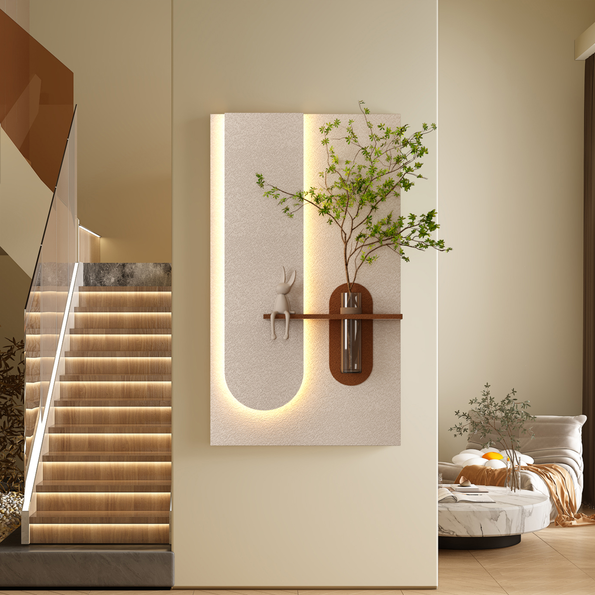 thumbnail video image 2 of Montary 3D Sandstone Entryway Decor Art Painting, Modern LED Wall Decor Sculpture with Artificial Plants, Glass Vase & Rabbit Statue, Remote Control 3-Color Light for Living Room, Bedroom, Hallway, 2 of 12