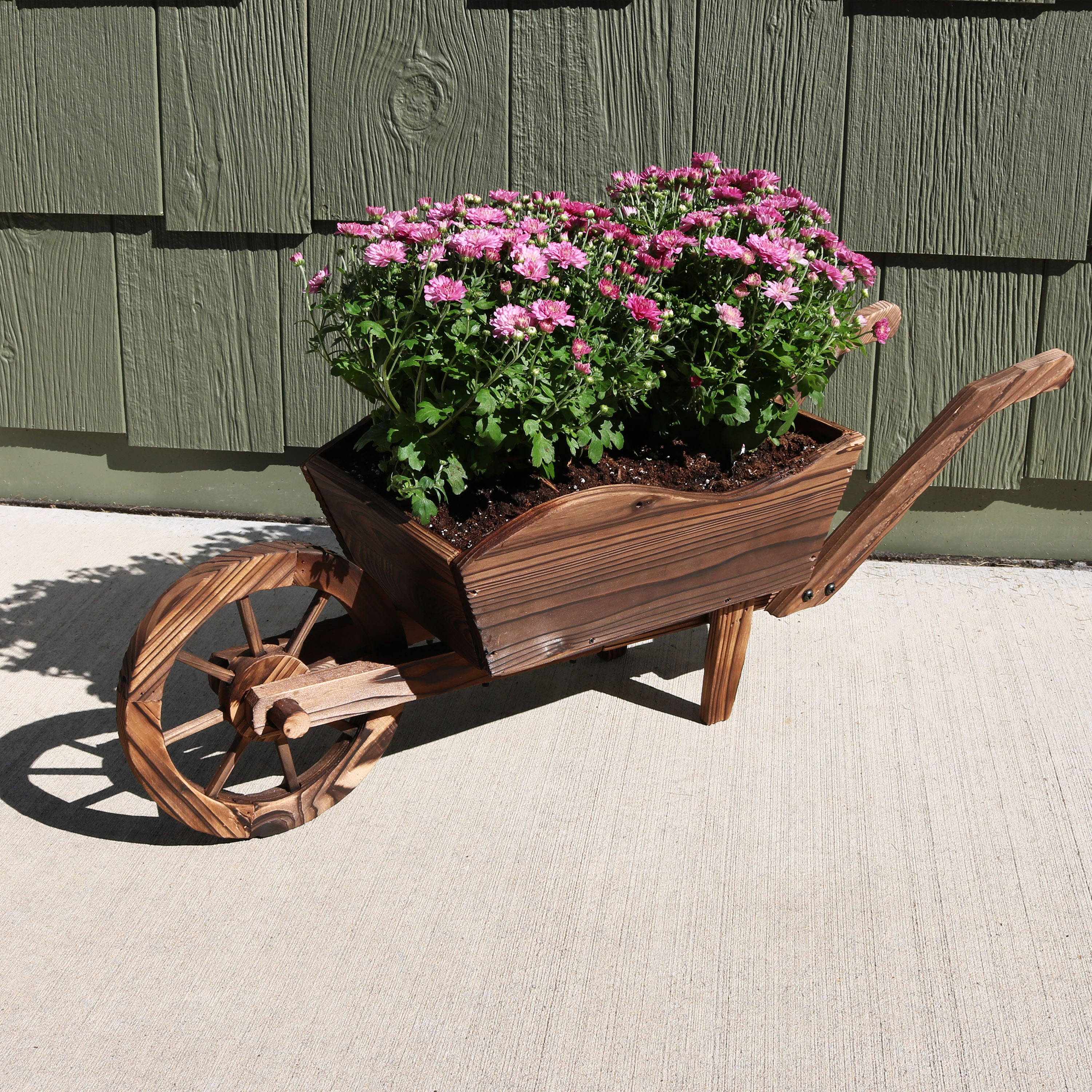 thumbnail video image 2 of Sunnydaze Wheelbarrow 35" x 10.25" x 12" Brown Wooden Outdoor Planter with Wheel, 2 of 13