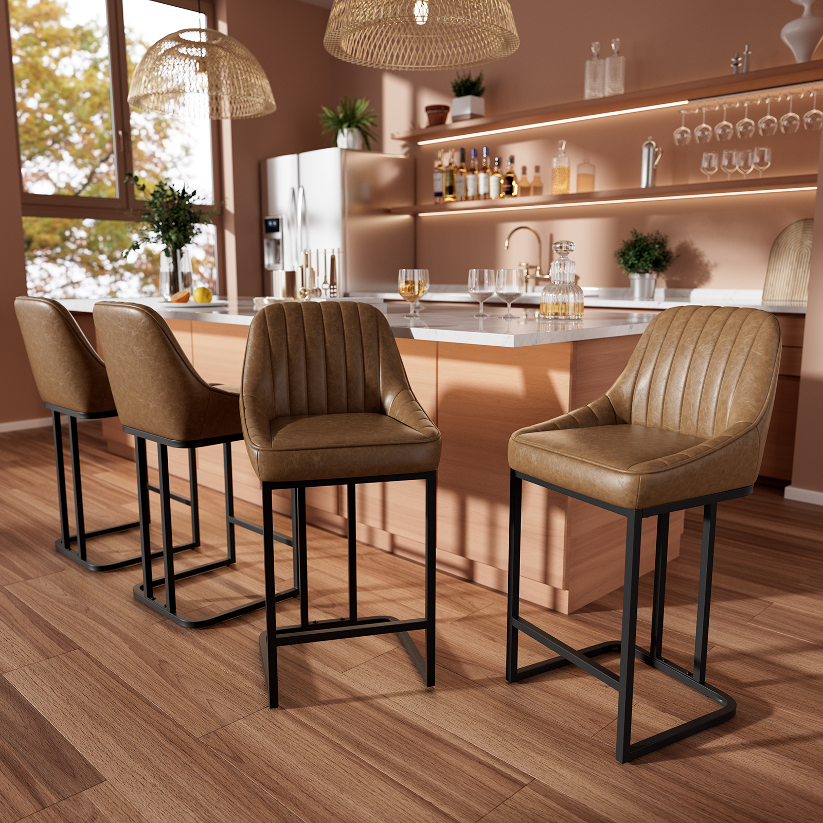 thumbnail video image 2 of iooHug Set of 2 Modern Bar Stools with Metal Legs and Footrest, 24” Upholstered Counter Height Chairs, PU Leather Bar Chairs for Kitchen Island, Black, 2 of 6