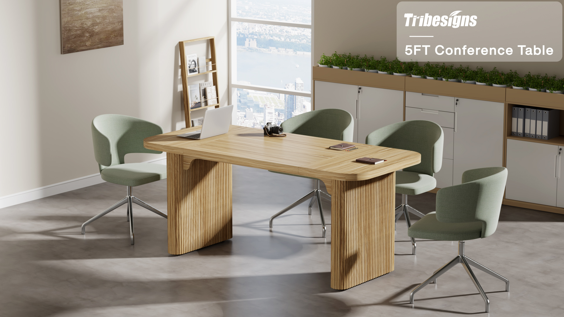 thumbnail video image 2 of Tribesigns 5 ft Conference Table, Modern Rectangular Meeting Seminar Table with Double Pedestal, 62-Inch Large Boardroom Table for Office (Natural), 2 of 6