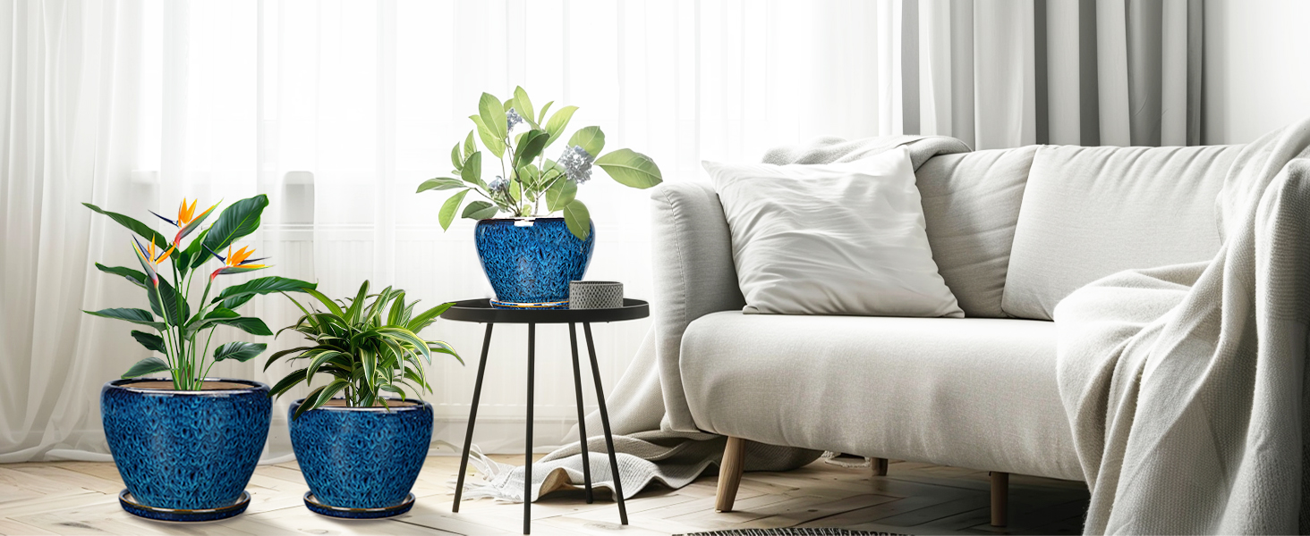 thumbnail video image 2 of Ceramic Plant Pots ,10+8+6 inch Modern Large Flower Planters for Plants with Drainage & Saucer  for Orchids & Succulents Housewarming Gift for Women, Set of 3 Blue-Glaze, 2 of 8