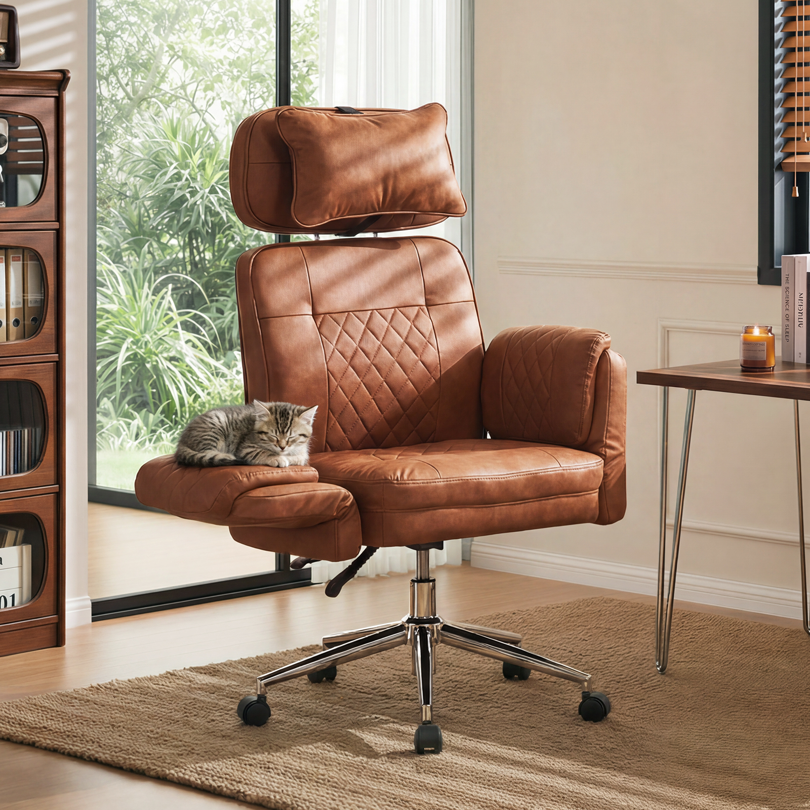 thumbnail video image 2 of Big and Tall Executive Office Chair - Scratch-Resistant, Ergonomic Desk Chair with 6-Adjustable Armrests, 400lbs, Criss Cross Leather High Back Gaming Chair for Home Office, Brown, 2 of 8