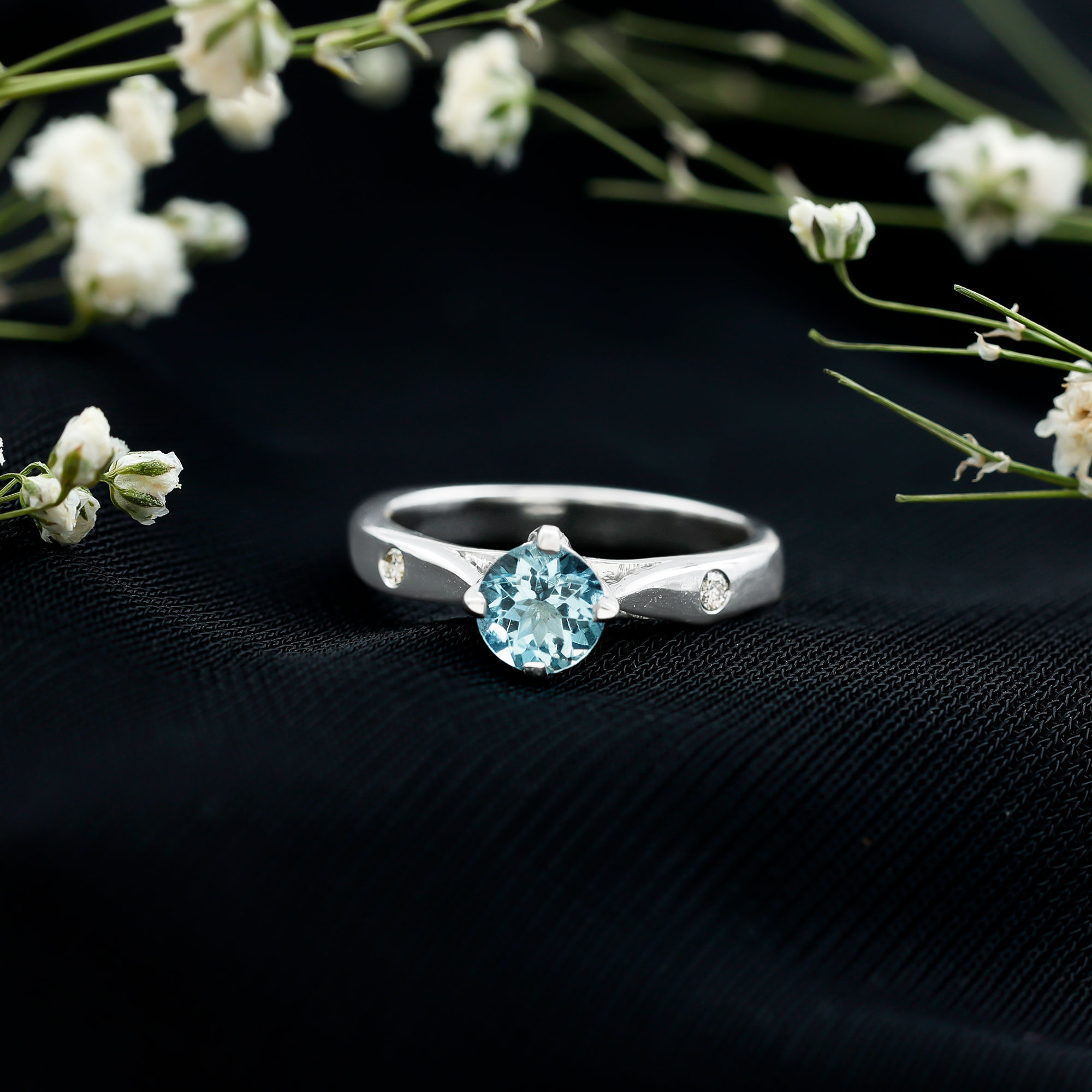 thumbnail video image 2 of Rosec Jewels Aquamarine Engagement Ring with Diamond - 6 mm Round March Birthstone Ring - AAA Grade - with Jewelry Box, 10K Yellow Gold, US 13.00, 2 of 9