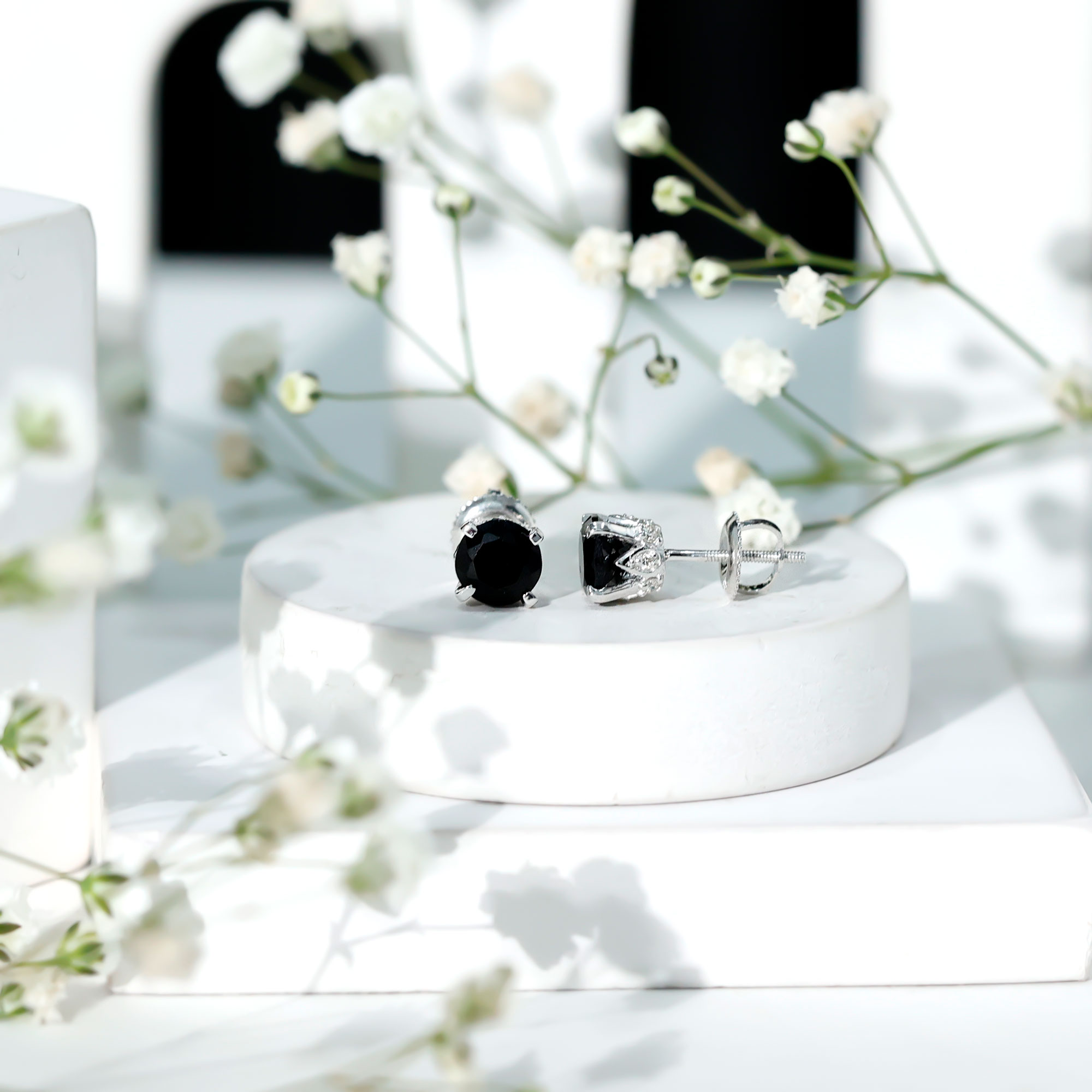 thumbnail video image 2 of Rosec Jewels Lab Created Black Diamond Solitaire Stud Earrings with Diamond (6 mm, AAAA Grade), 10K White Gold, 2 of 6