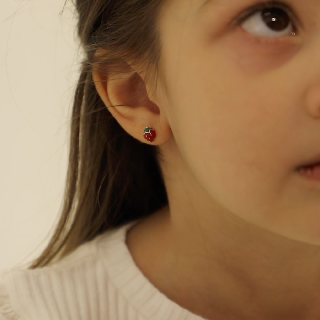 thumbnail video image 2 of 925 Sterling Silver Pink & Green Enamel Strawberry Stud Earrings for Toddlers, 2 of 8