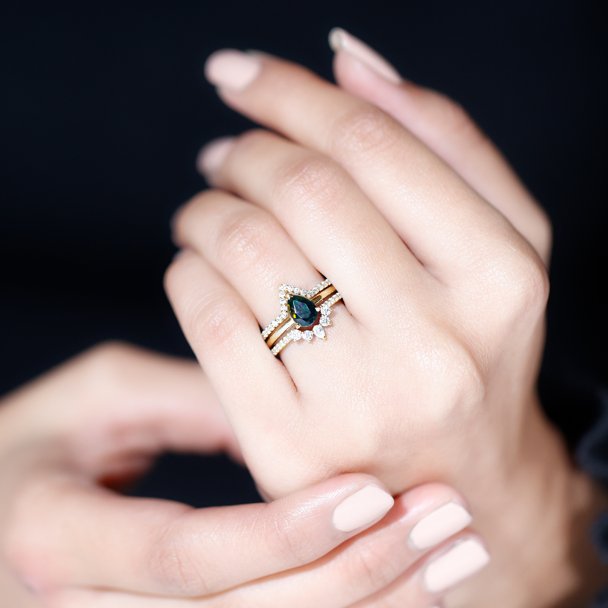 thumbnail video image 2 of Rosec Jewels Natural Black Opal Bridal Ring Set with Moissanite - 3 Piece Pear Shaped Engagement Ring with Enhancer - AAA Grade, 14K White Gold, US 8.50, 2 of 10