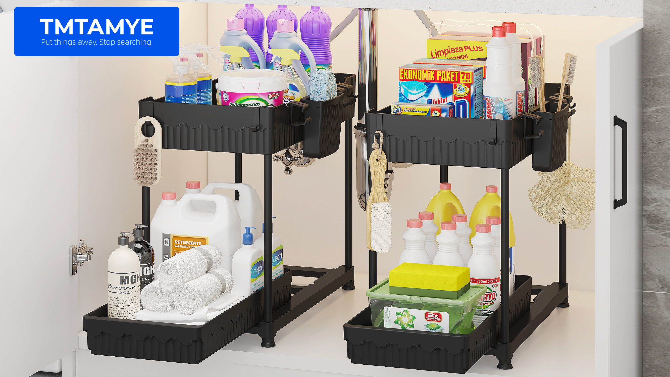thumbnail video image 2 of Tmtamye 2-Pack Under Sink Organizer, 2-Tier Sliding Drawer Storage Organizer, Black, 2 of 10