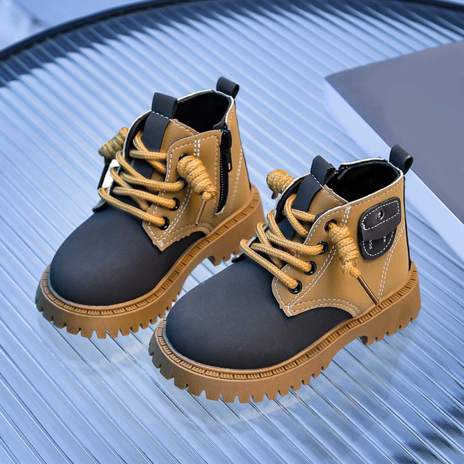 thumbnail video image 2 of Toddler Boys Girls Boots Kids Work Boots Winter Snow Boot Side Zipper Hiking Outdoor Shoes (Toddler/little Kid) Platform Boots(Color:Black,Size:6), 2 of 6