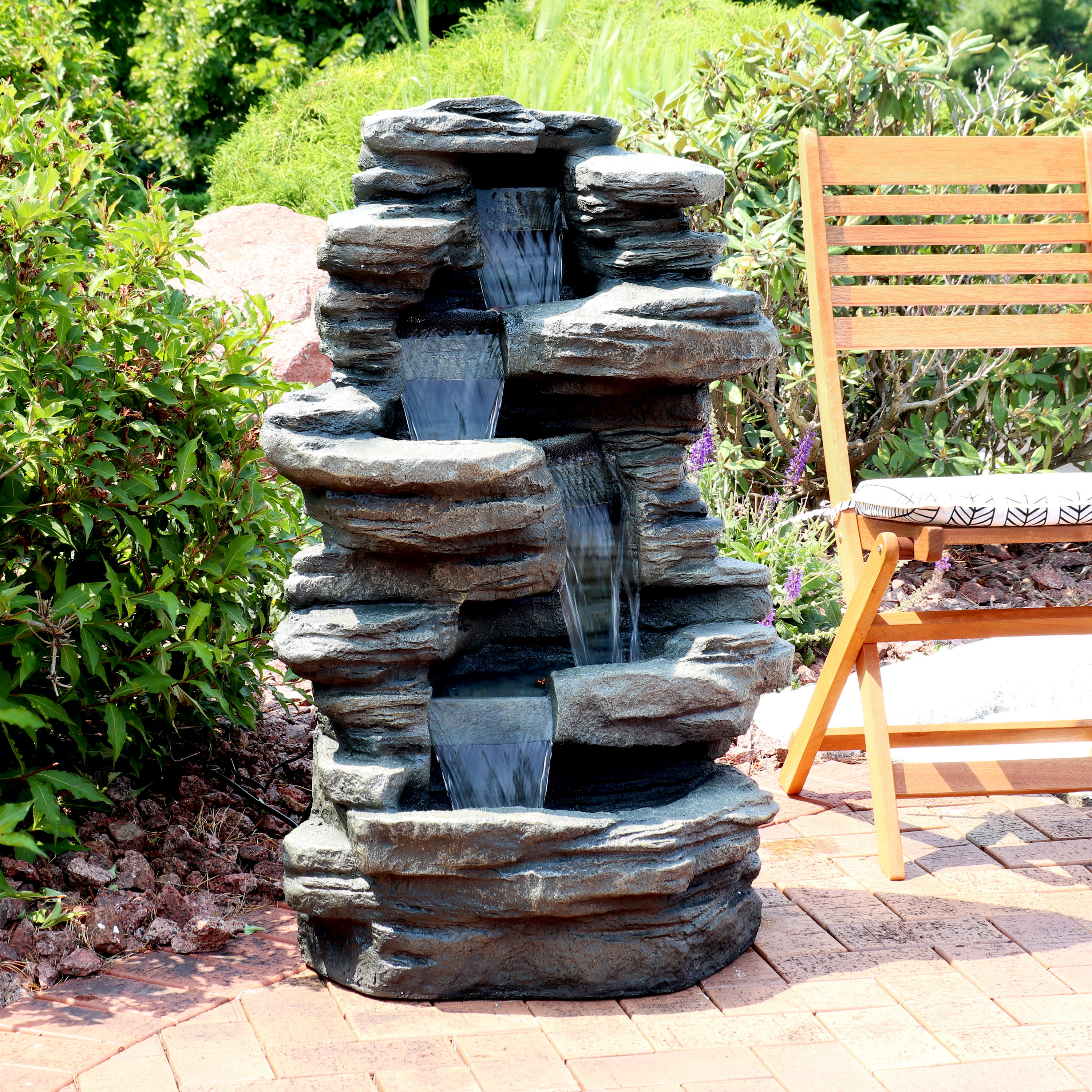 thumbnail video image 2 of Sunnydaze Stacked Shale Rock Polyresin Outdoor Water Fountain with Lights, 2 of 11
