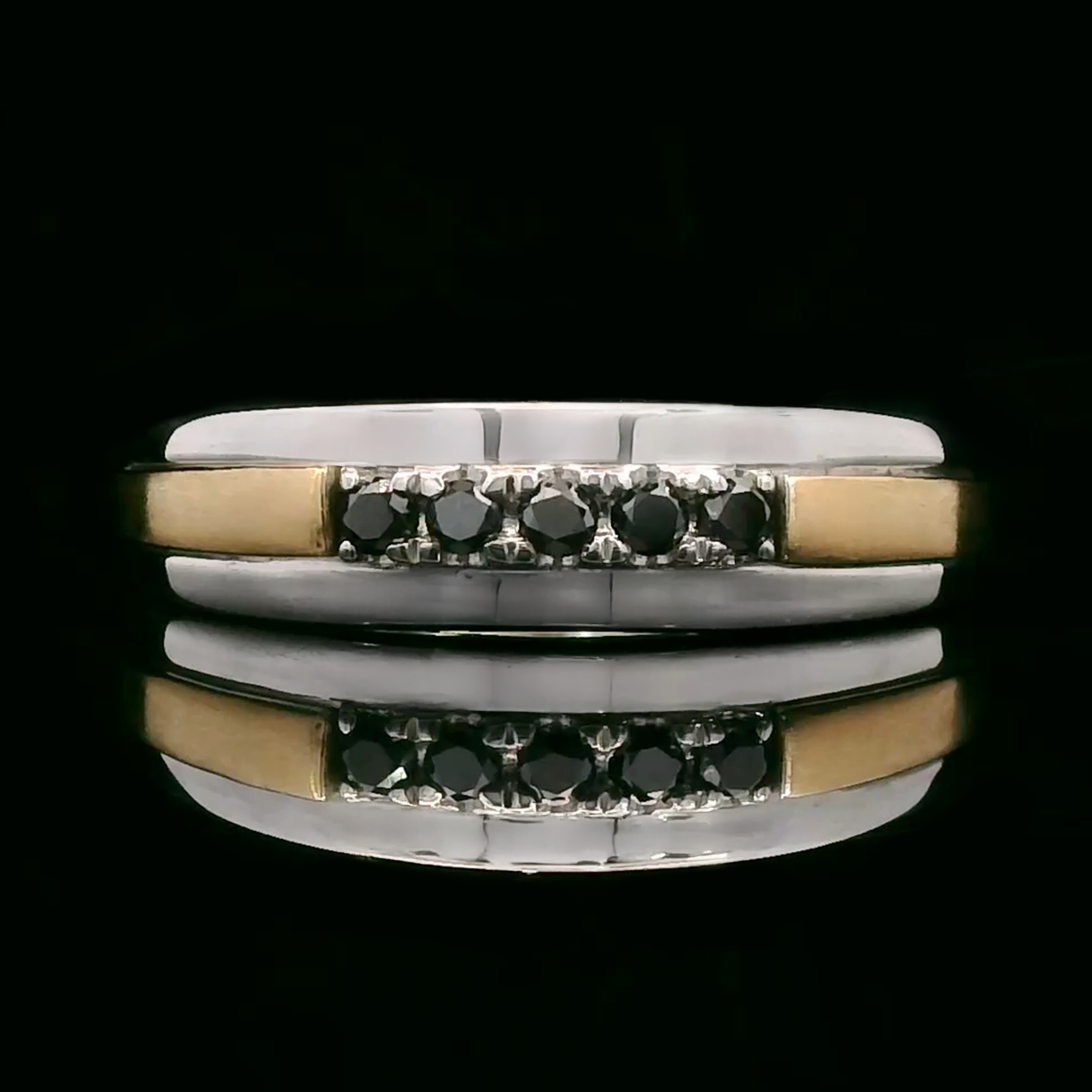 thumbnail video image 2 of Gem Stone King Black Diamond Satin Finish Wedding Band Ring for Men | 925 Sterling Silver and 10K Yellow Gold  | 0.17 Cttw | Round 2MM | Size 9, 2 of 4