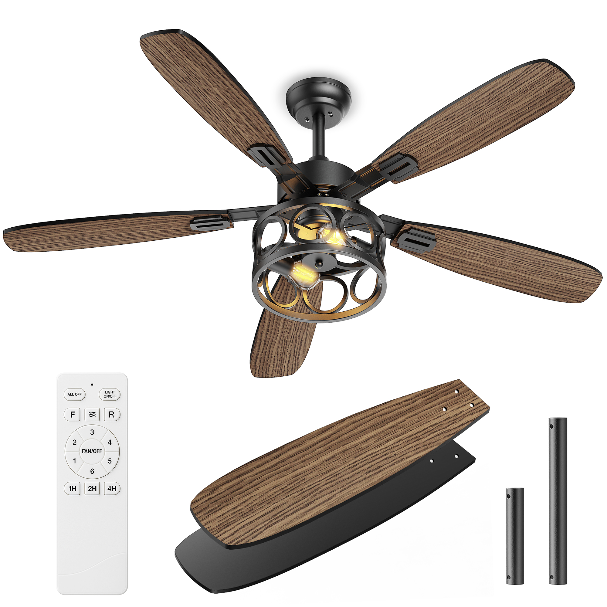 thumbnail video image 2 of BLNAN 52" Ceiling Fan with Light and Remote ,Vintage Caged Flush Mount Ceiling Fan 6+1 Speed,Reverse Airflow,5  Blades for Farmhouse Bedroom Kitchen Living Room, 2 of 11