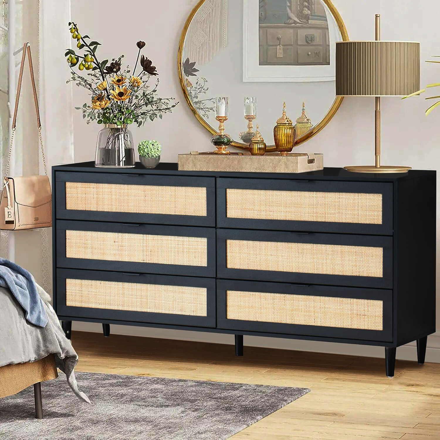 thumbnail video image 2 of 6 Rattan Drawer Dressers, Wooden Storage Cabinet with Wide Drawers, Modern Chest of Drawer for Bedroom, Living Room, Black, 2 of 9