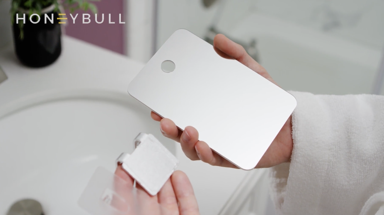 thumbnail video image 2 of HONEYBULL Fogless Shower Mirror With Holder - Medium 6x8in Anti Fog Flat Mirror for Shaving and Bathroom, 2 of 6
