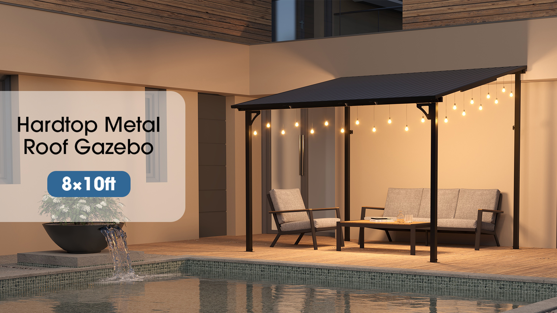 thumbnail video image 2 of JOIVI 8' x 10' Outdoor Lean to Gazebo, Hardtop Wall Mounted Gazebo with Sloping Roof, Awnings for Patio with All-Iron Frame, Pergolas for Patio, Backyard, Deck, 2 of 9