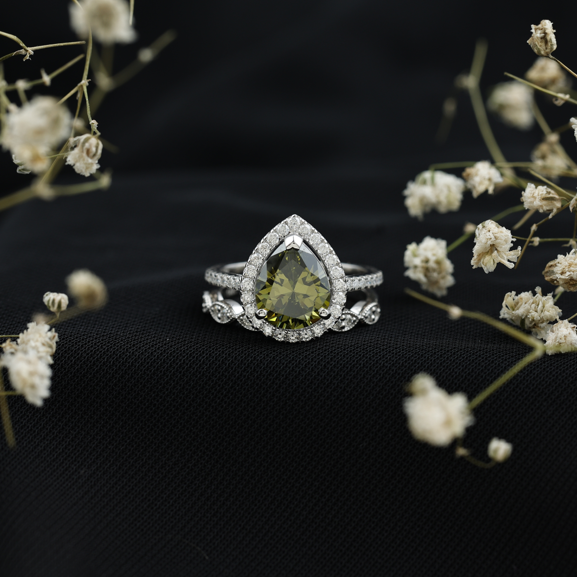 thumbnail video image 2 of Rosec Jewels Pear Shaped Lab Grown Green Sapphire Ring Set with Moissanite, Teardrop Ring with Enhancer, 18K White Gold, US 11.00, 2 of 9